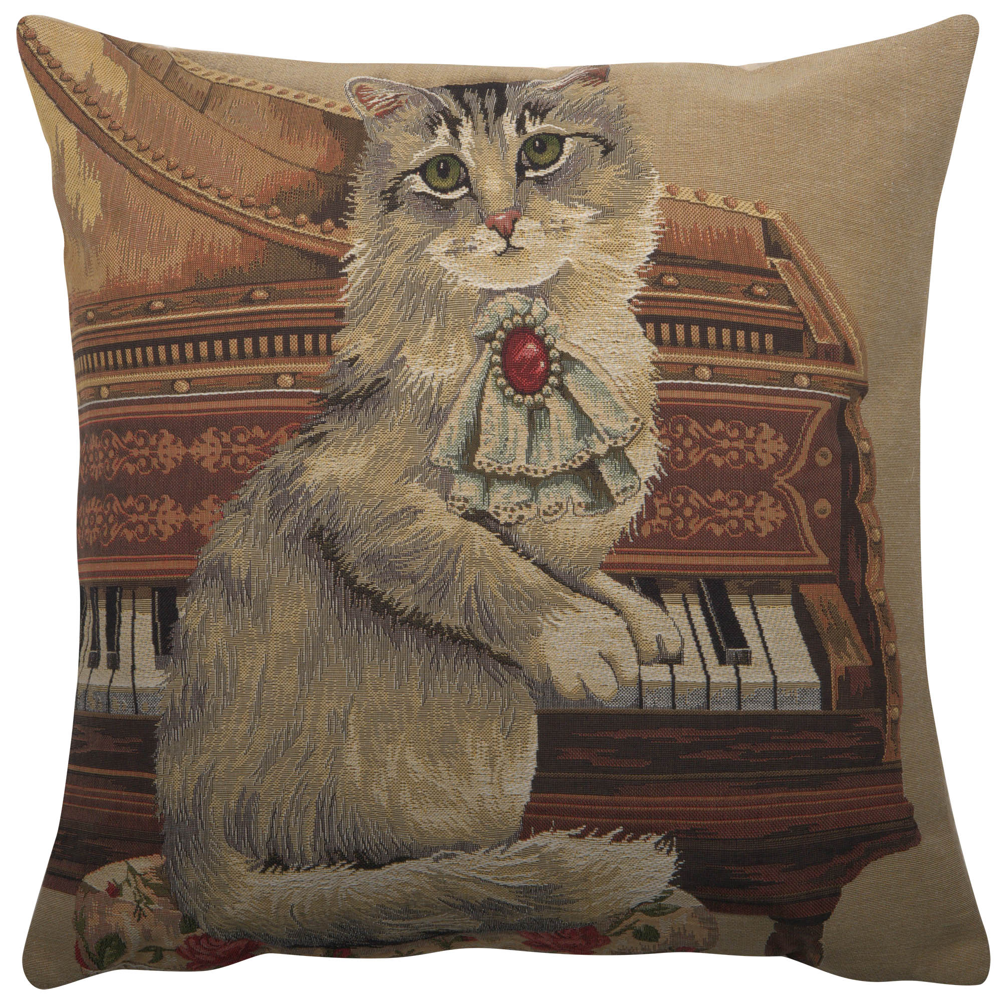 Cat with Piano Belgian Tapestry Pillow Cover 18x18 Inch Cotton Jacquard Woven Cushion Cover