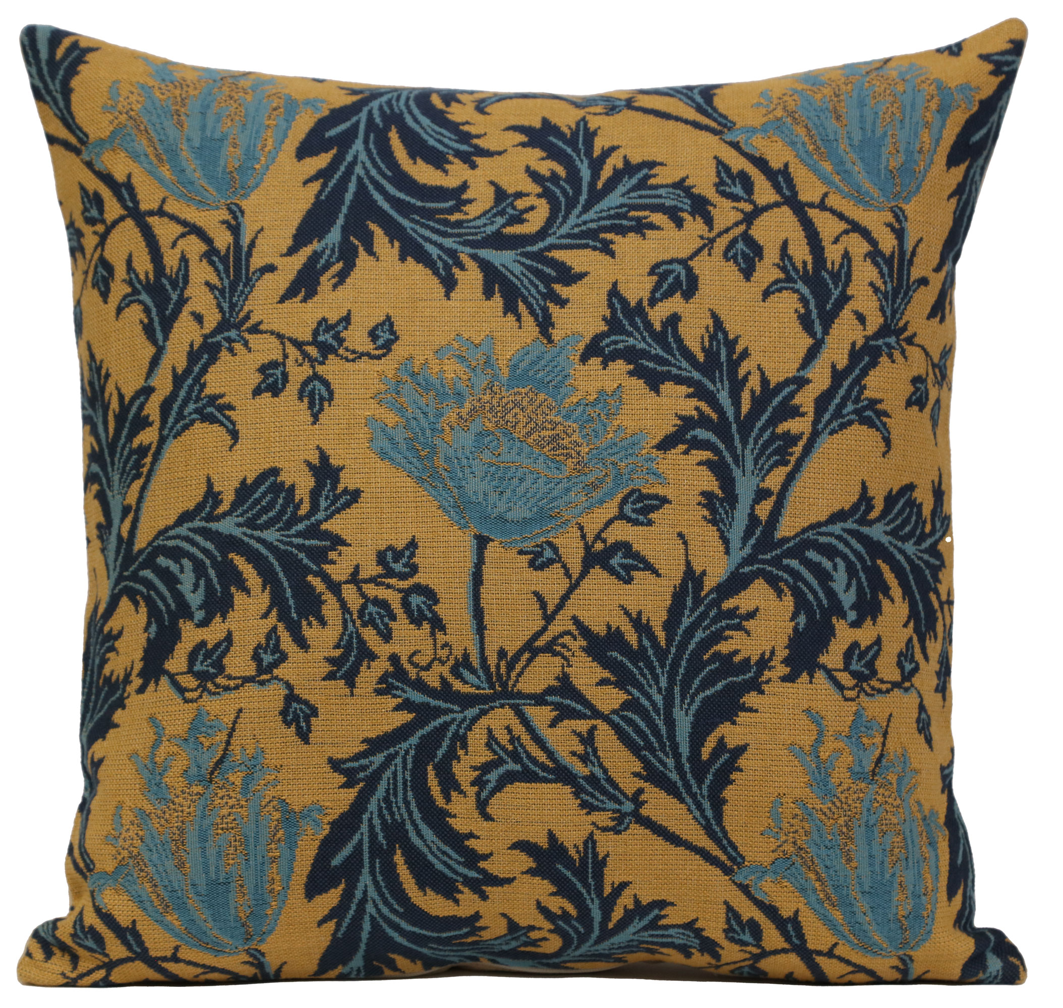 Anemone Blue Gold Belgian Tapestry Pillow Cover 16x16 inch Cotton Jacquard Woven Cushion Cover