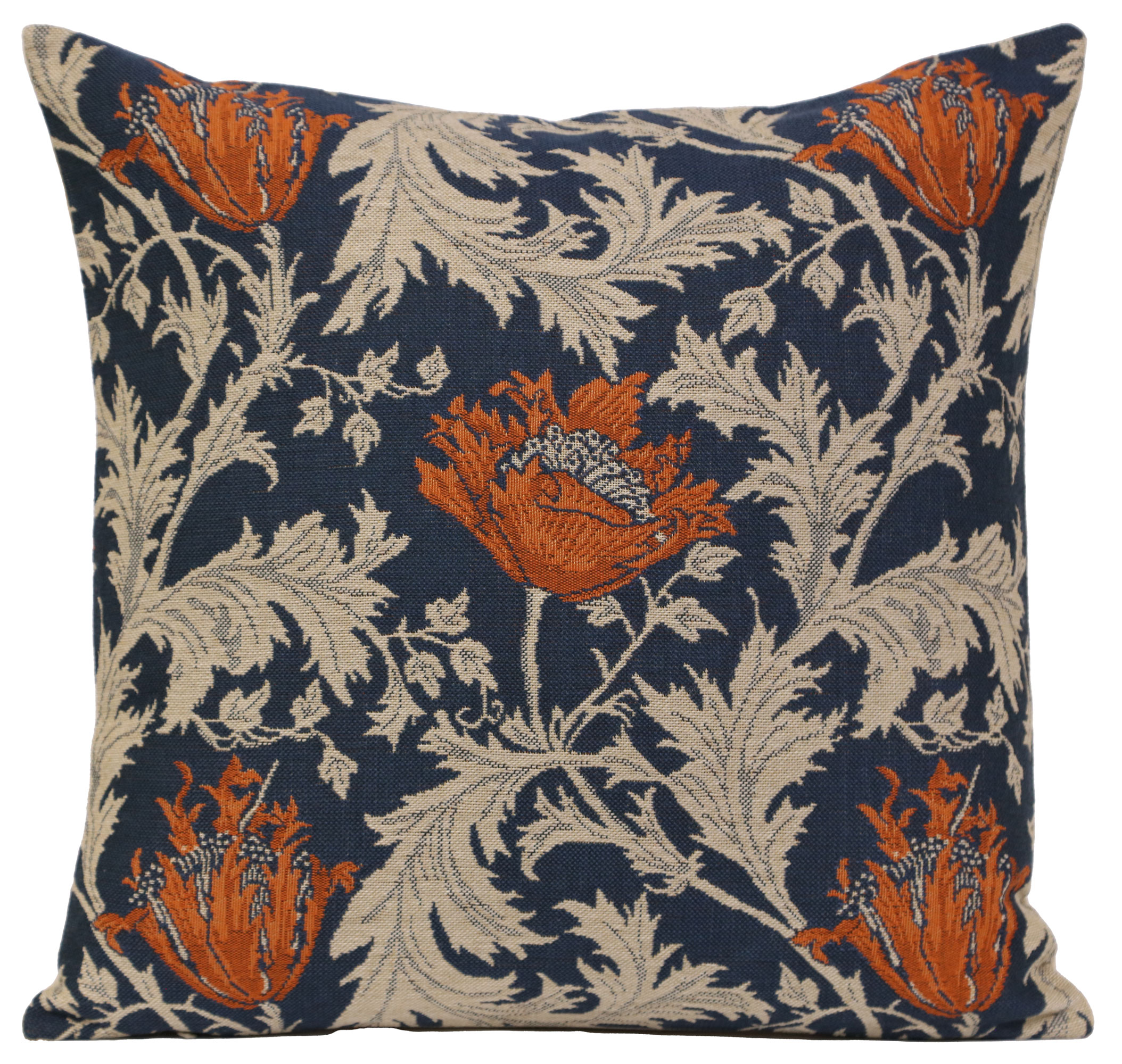 Anemone Blue Rust Belgian Tapestry Pillow Cover 16x16 inch Cotton Jacquard Woven Cushion Cover