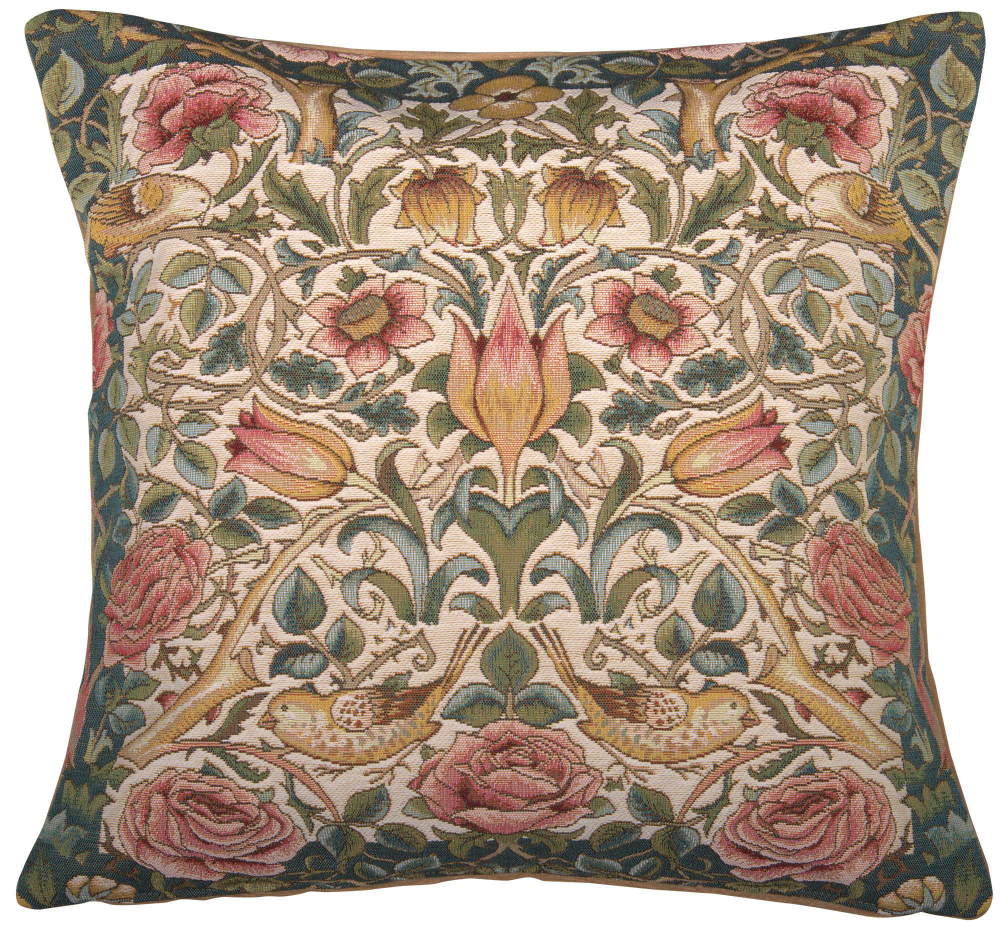 Roses and Birds White French Tapestry Pillow Cover 19x19 inch Cotton Jacquard Woven Cushion Cover