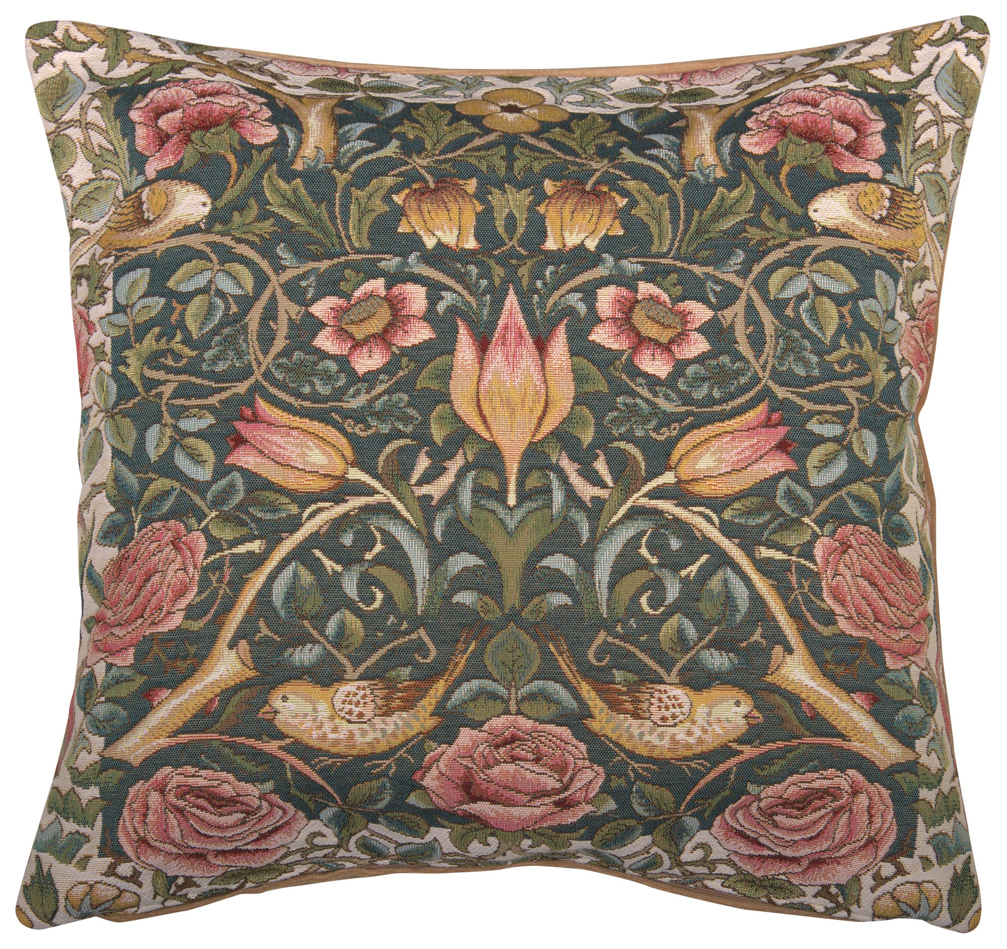 Roses and Birds Blue French Tapestry Pillow Cover 19x19 inch Cotton Jacquard Woven Cushion Cover