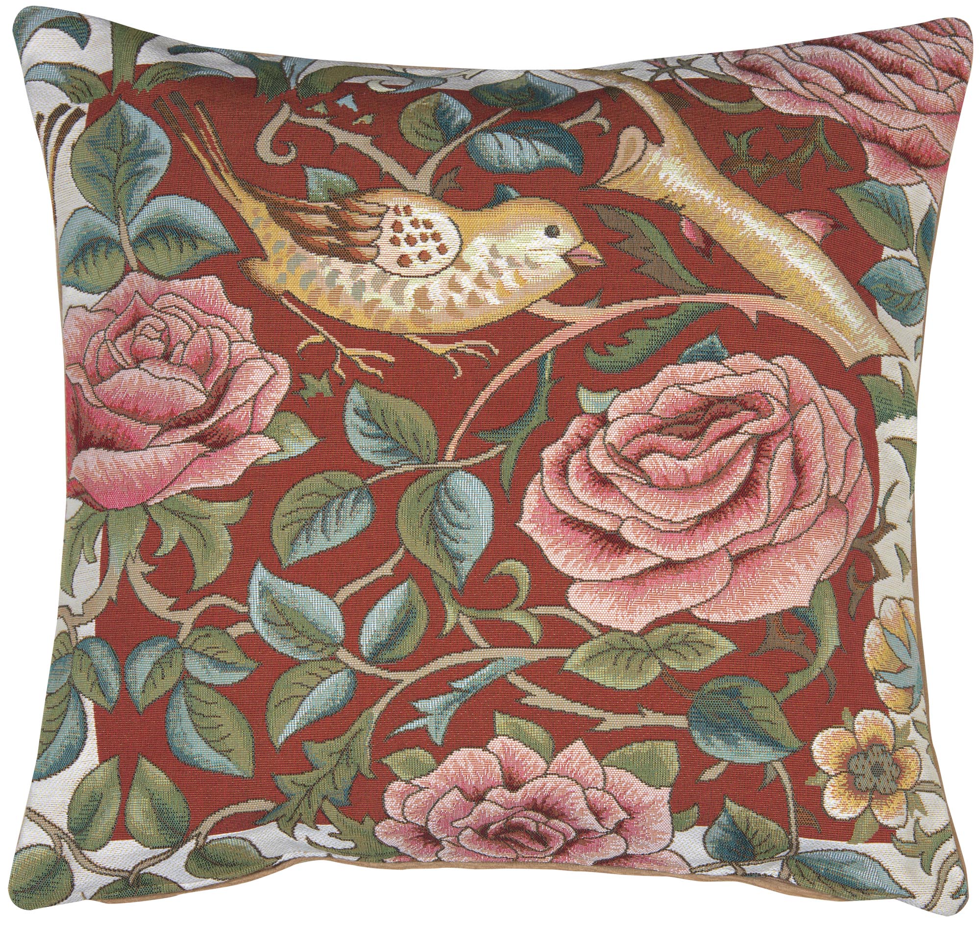 Zoom Bird and Roses Red French Tapestry Pillow Cover 19x19 inch Cotton Jacquard Woven Cushion Cover