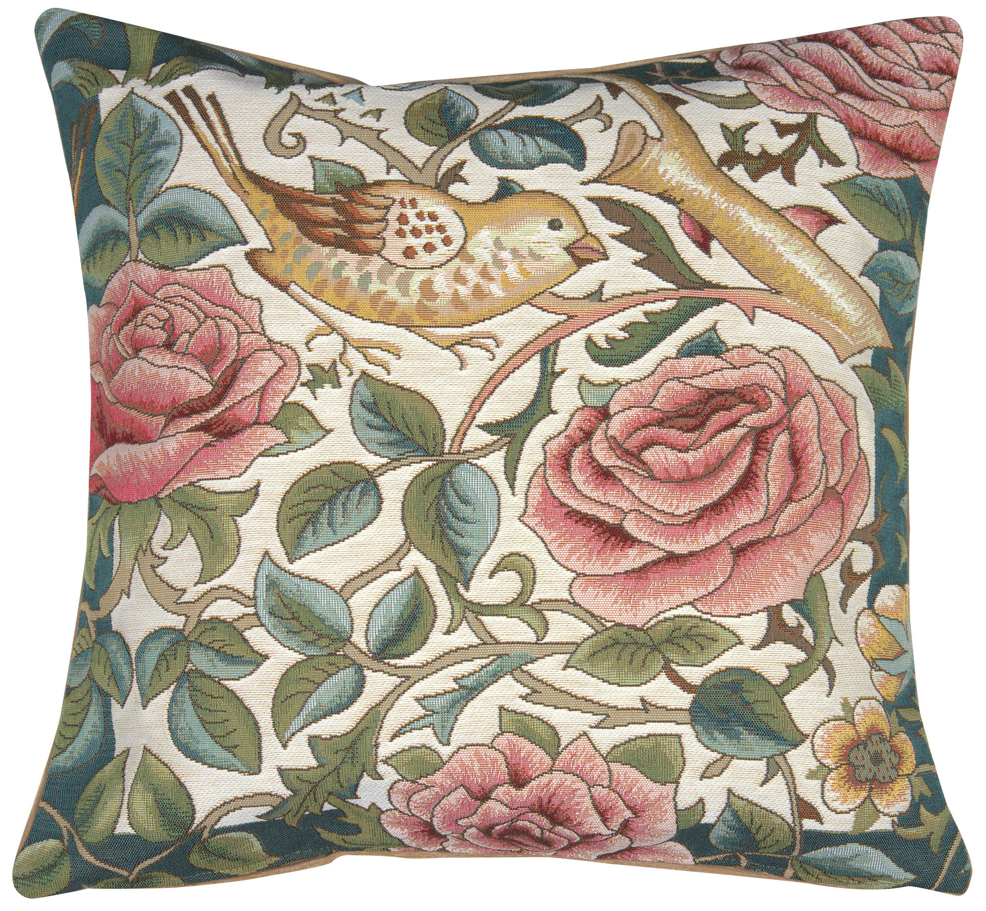 Zoom Bird and Roses White French Tapestry Pillow Cover 19x19 inch Cotton Jacquard Woven Cushion Cover