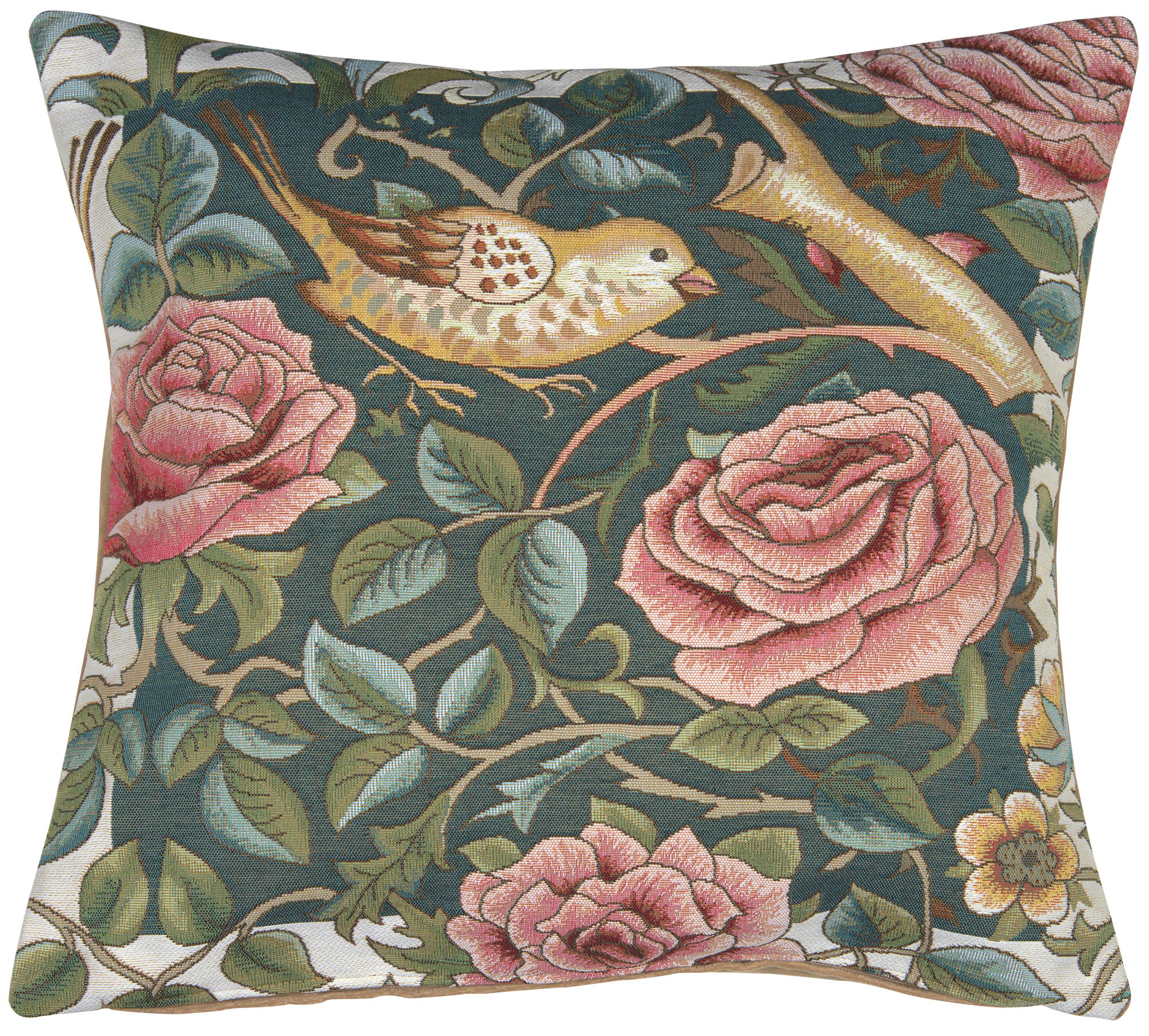 Zoom Bird and Roses Blue French Tapestry Pillow Cover 19x19 inch Cotton Jacquard Woven Cushion Cover
