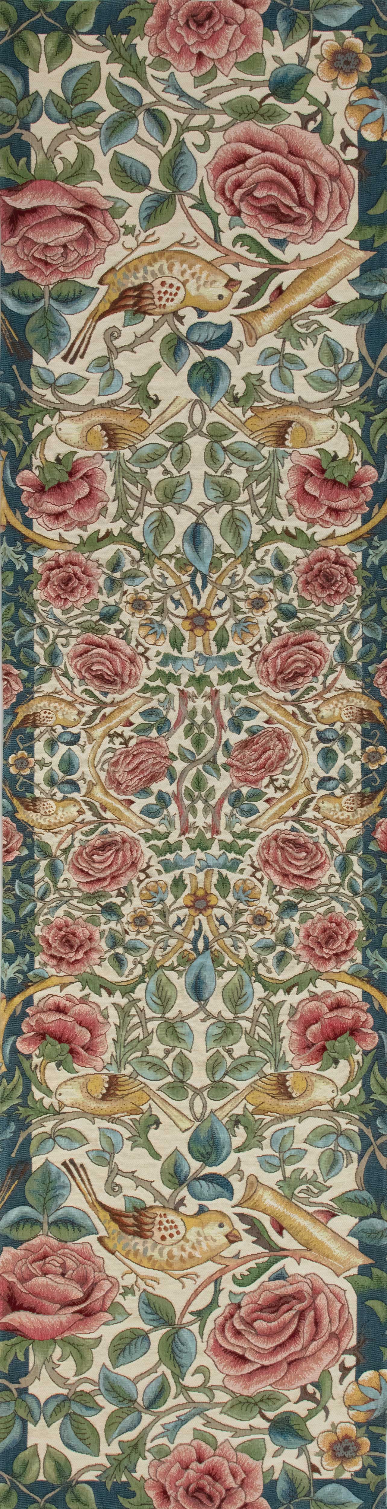 Roses and Birds II White French Jacquard Woven Table Runner 70x19 Inch Botanical Decor