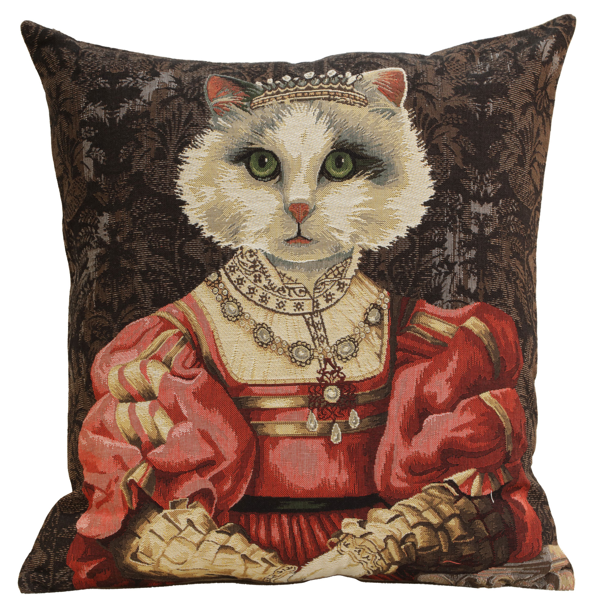 Cat with Crown Belgian Tapestry Pillow Cover 18x18 Inch Cotton Jacquard Woven Cushion Cover