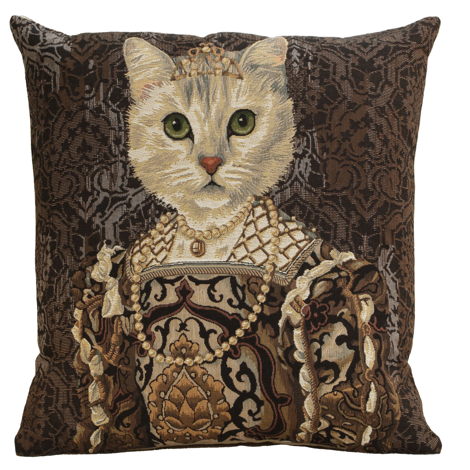 Cat with Crown Belgian Tapestry Pillow Cover 18x18 Inch Cotton Jacquard Woven Cushion Cover