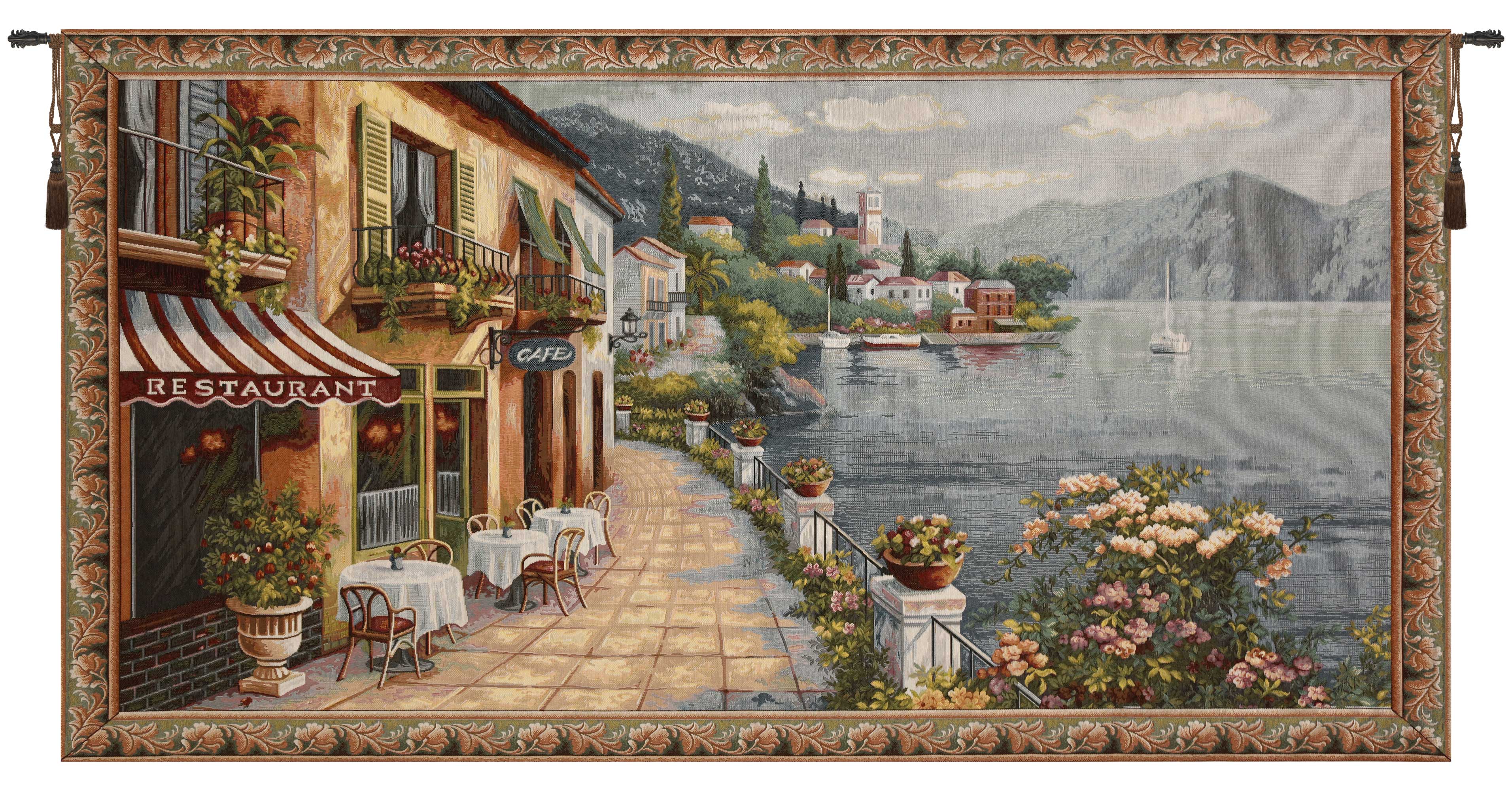 Cafe by Lake Como Tapestry Wall Hanging 27x57 Inch Cotton Jacquard Woven Wall Tapestry