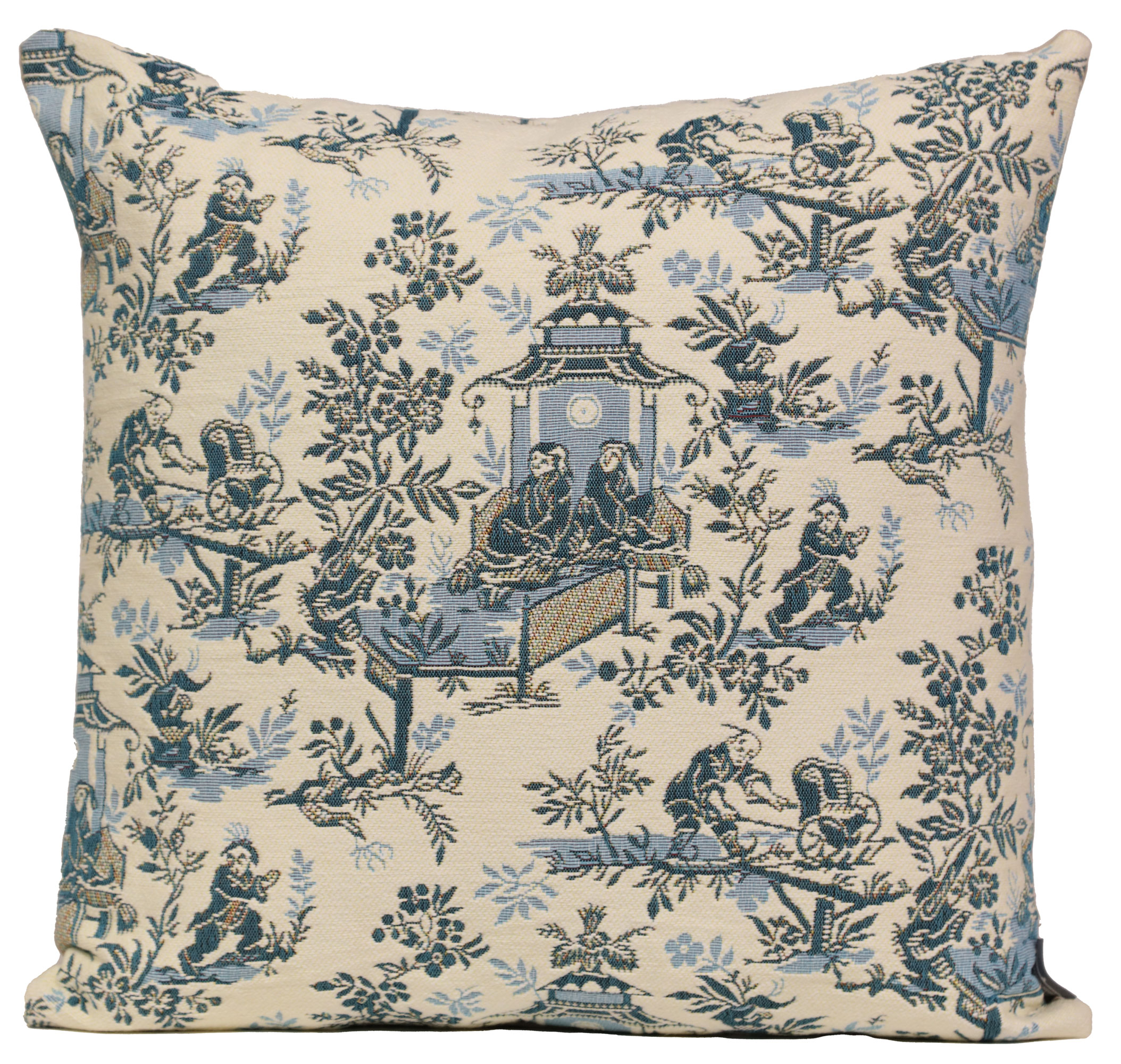 The Chinese on a Wheelbarrow Kiosk Blue French Tapestry Pillow Cover 19x19 Inch Cotton Jacquard Woven Cushion Cover