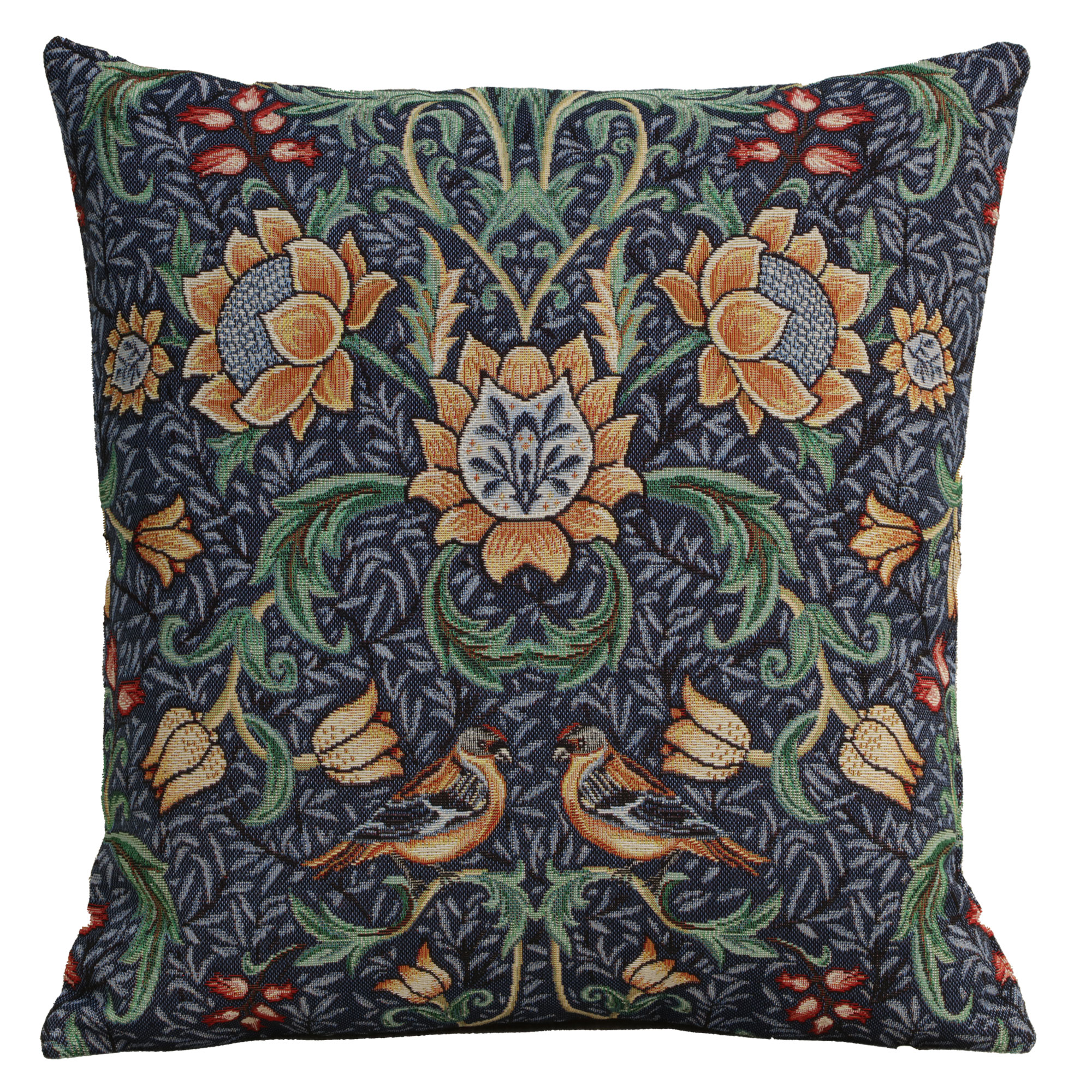 William Morris Birds and Flowers Dark Blue Tapestry Pillow Cover 18x18 Inch Cotton Jacquard Woven Cushion Cover
