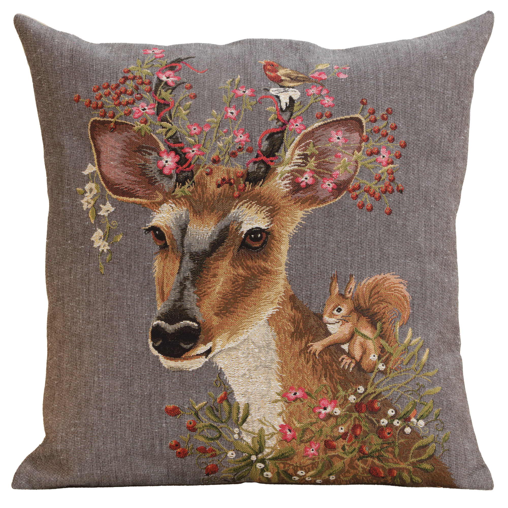 Forest Deer Grey Belgian Tapestry Throw Pillow,18x18 in Cushion Cover, Gift