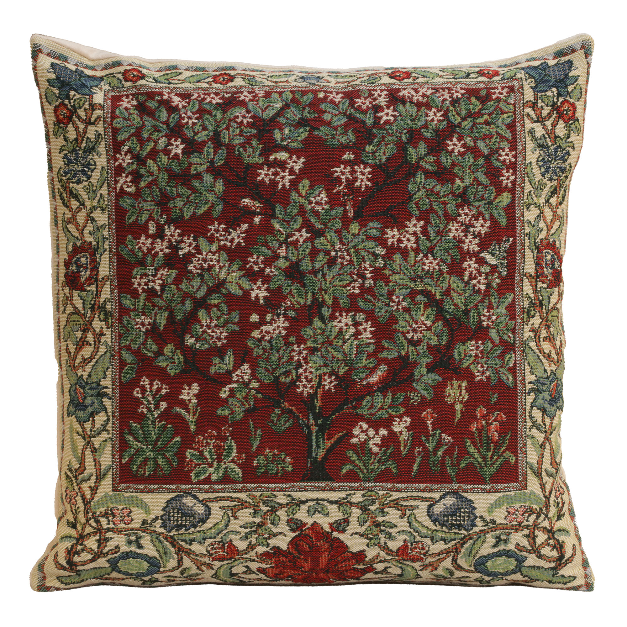 Tree of Life Red Belgian Tapestry Pillow Cover 16x16 inch Cotton Jacquard Woven Cushion Cover