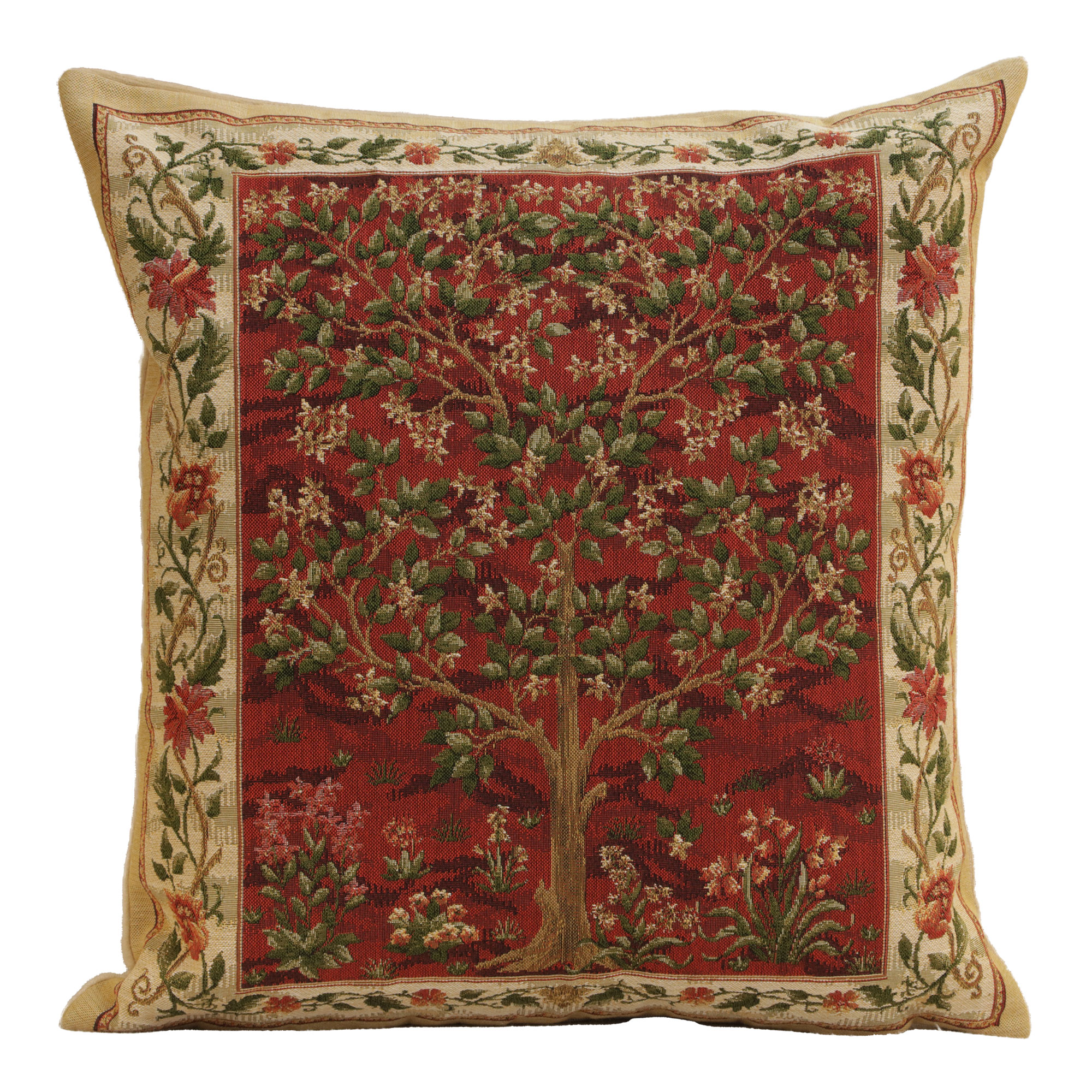 Red Tree of Life Belgian Tapestry Pillow Cover 18x18 inch 100% Cotton Belgian Jacquard Woven Cushion Cover