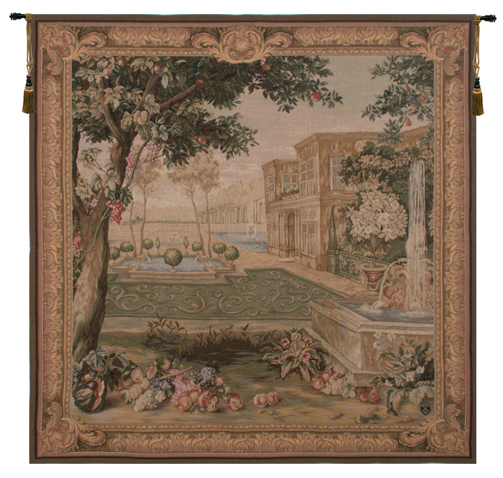 Verdure Fontaine Carree Vintage Tapestry Wall Hanging 58 x 58 in Jacquard Woven French Garden Landscape Wall Art