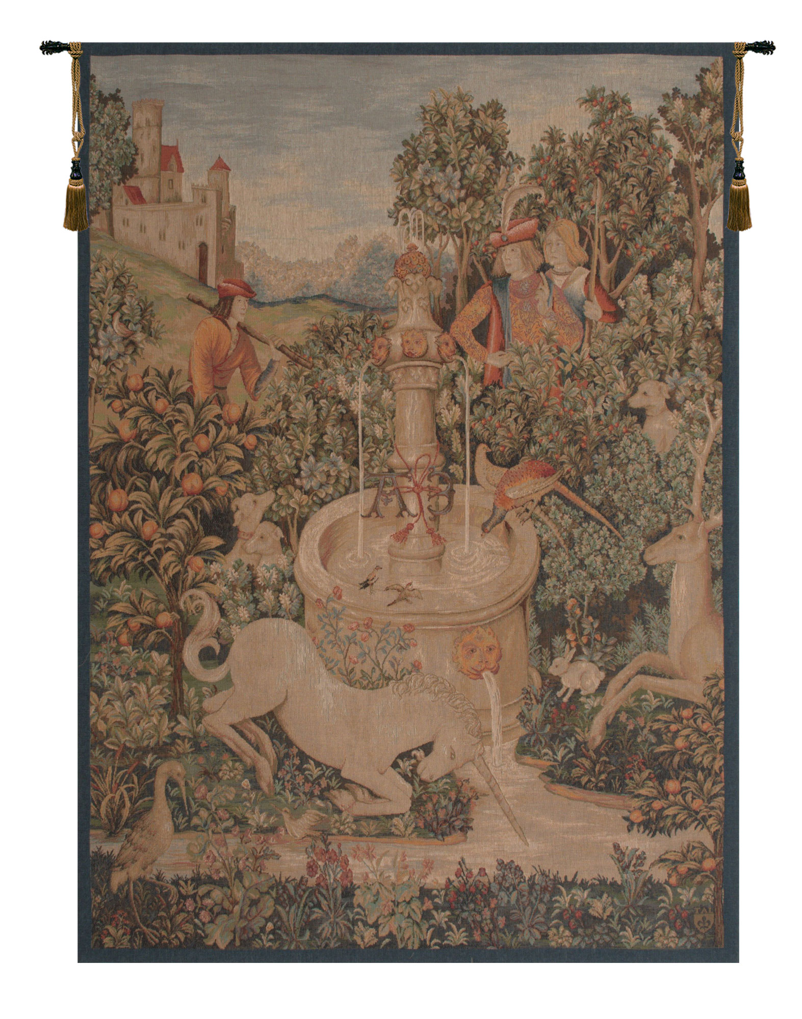Medieval Licorne A La Fontaine I Vintage Tapestry Wall Hanging 58 x 43 in Jacquard Woven Unicorn Wall Art