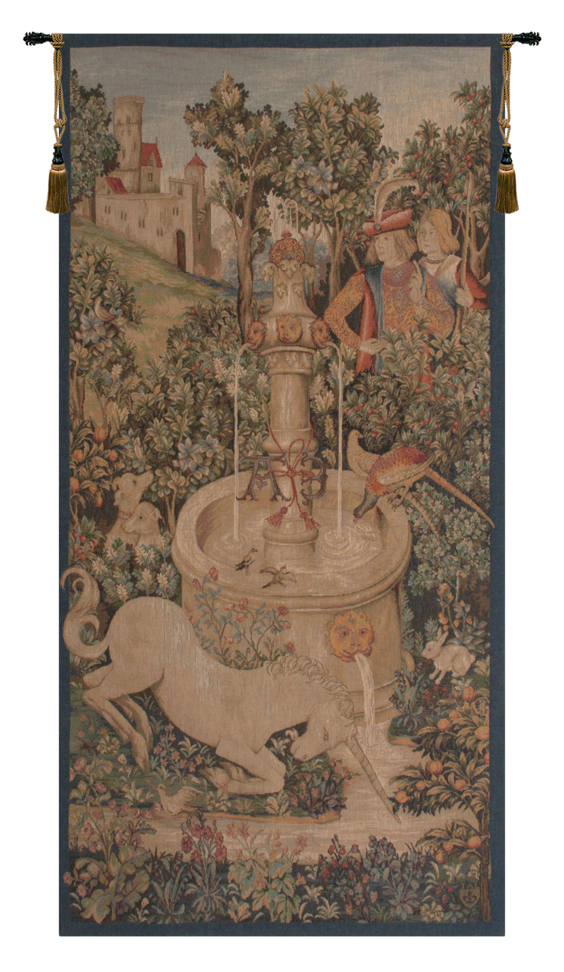 Medieval Portiere Licorne Fontaine Vintage Tapestry Wall Hanging 58 x 29 in Jacquard Woven Unicorn Medieval Wall Art