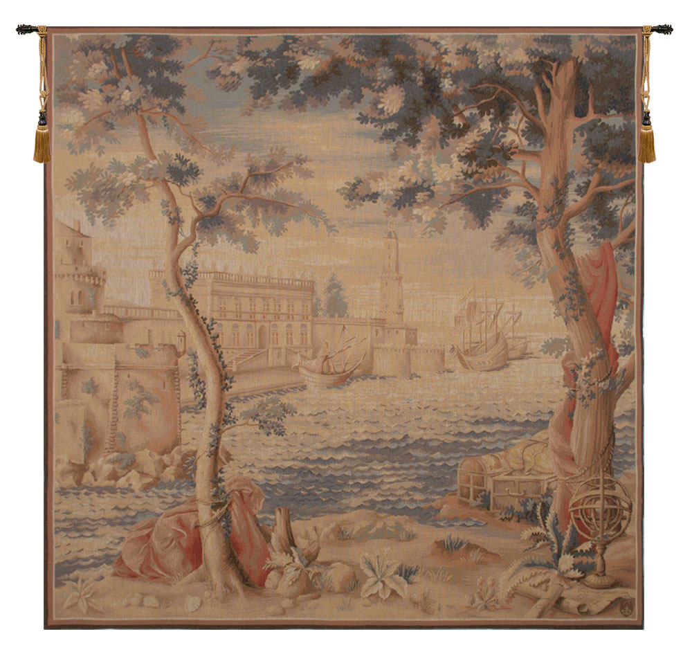 Le Port Vintage Tapestry Wall Hanging 58 x 58 in Jacquard Woven Harbor Landscape Wall Art