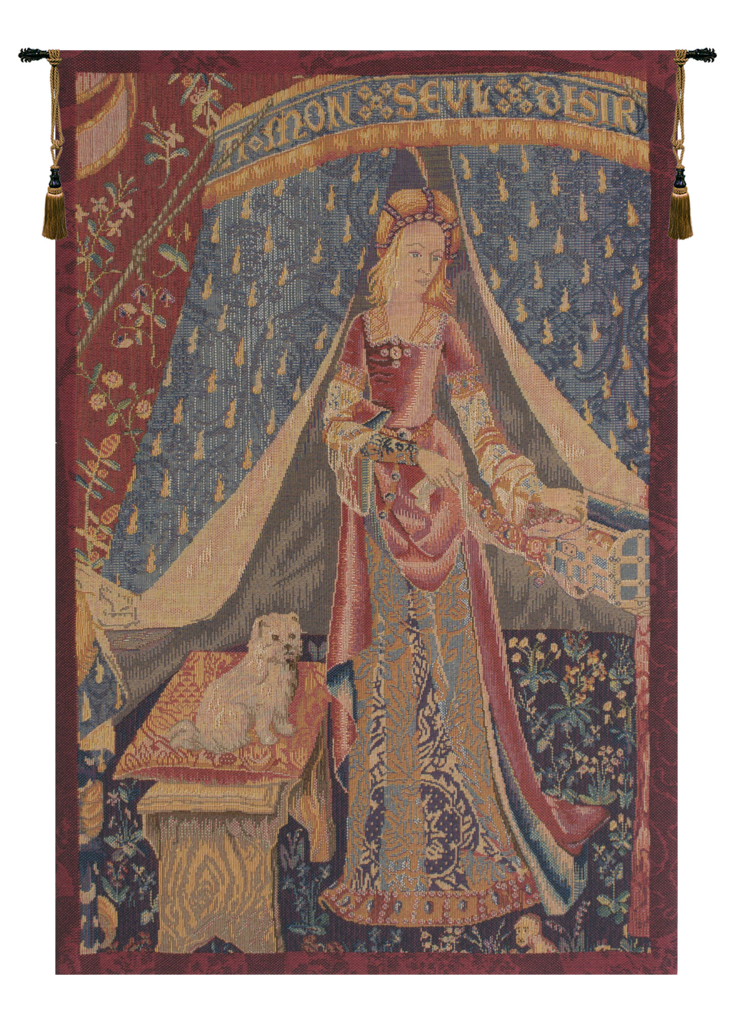 Medieval Dame au Chien I Vintage Tapestry Wall Hanging 29 x 19 in Jacquard Woven Lady and Dog Wall Art