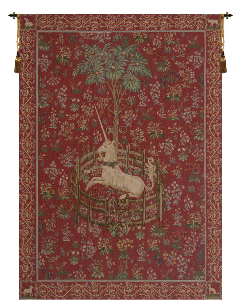 Medieval Licorne Captive Rouge Vintage Tapestry Wall Hanging 58 x 44 in Jacquard Woven Red Unicorn Millefleurs Wall Art