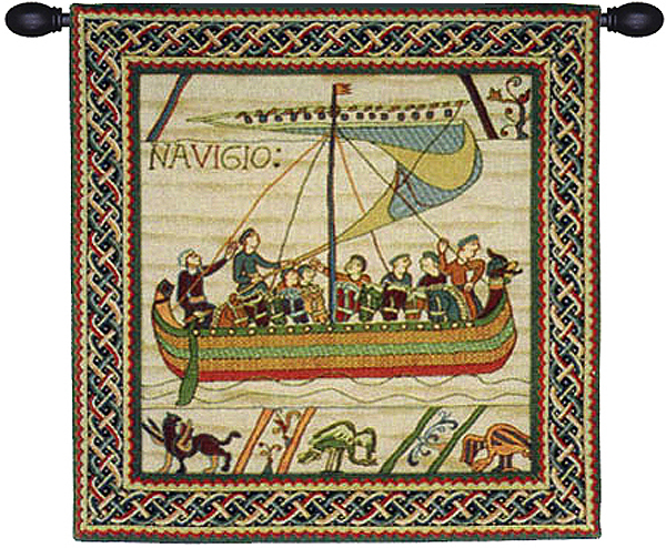Bayeux Duke William's Ship Vintage Tapestry Wall Hanging 35 x 33 in