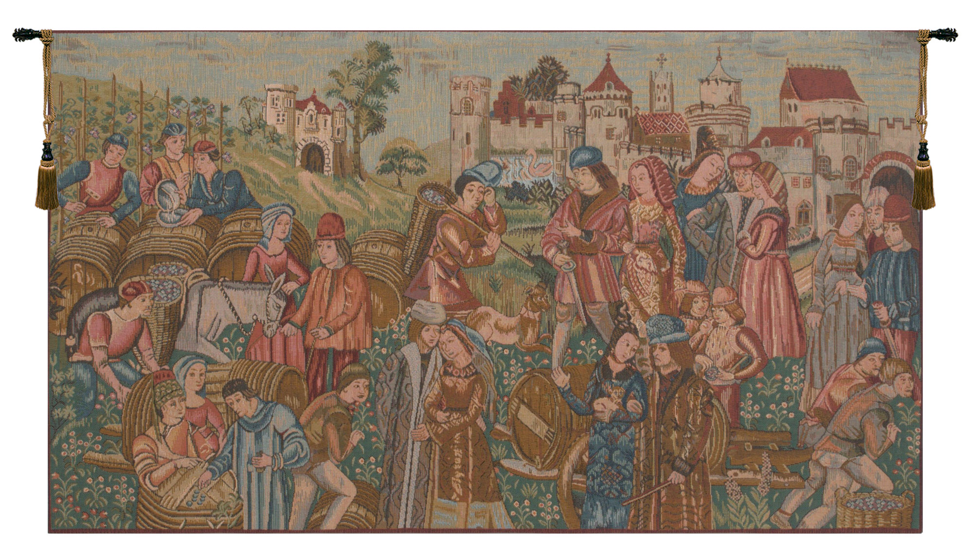 Medieval Marche Au Vin Tapestry Wall Hanging 19 x 32 in Jacquard Woven Wine Market Wall Art