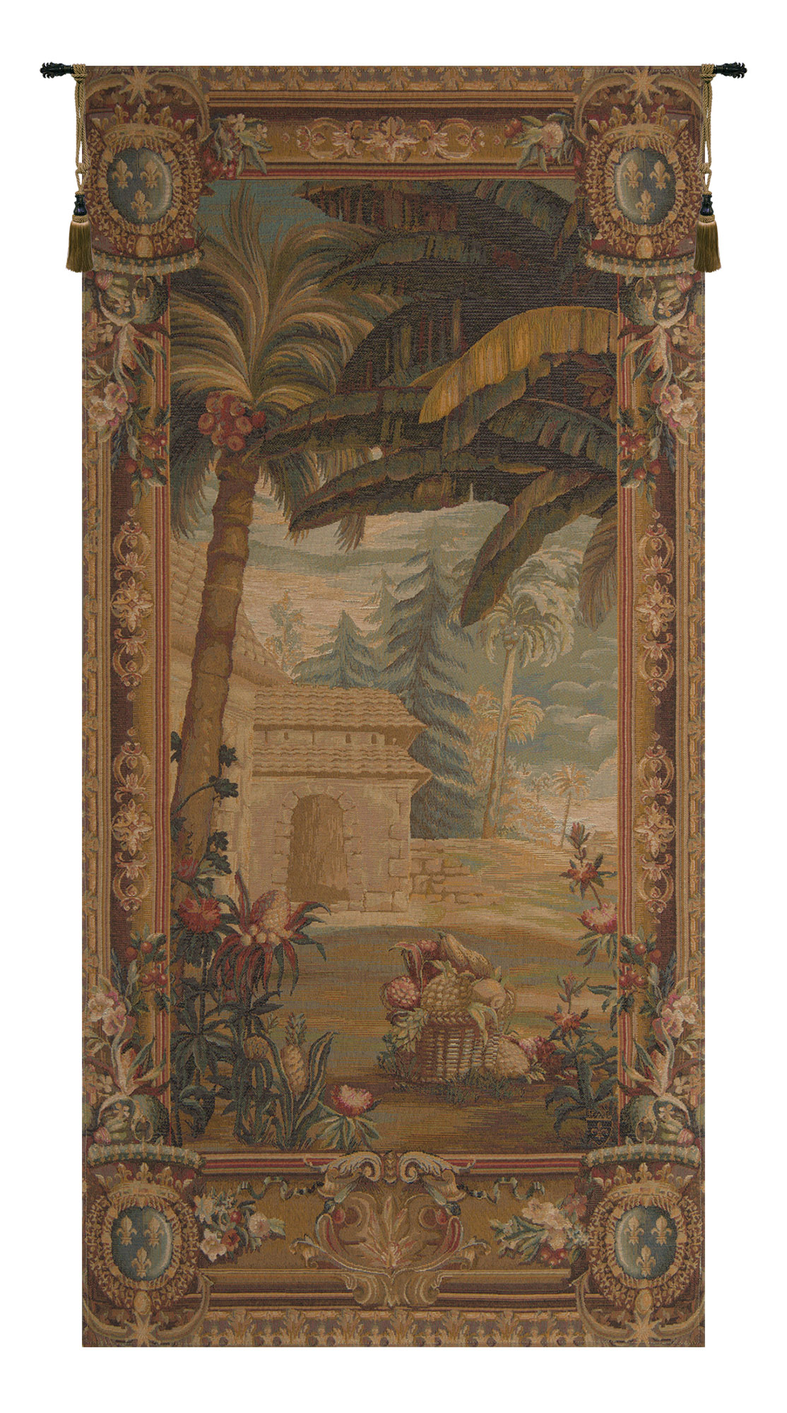 La Recolte Des Ananas Pagoda Door Floral Tapestry Wall Hanging 58 x 28 in Tropical Pineapple Chinoiserie Jacquard Woven Wall Art