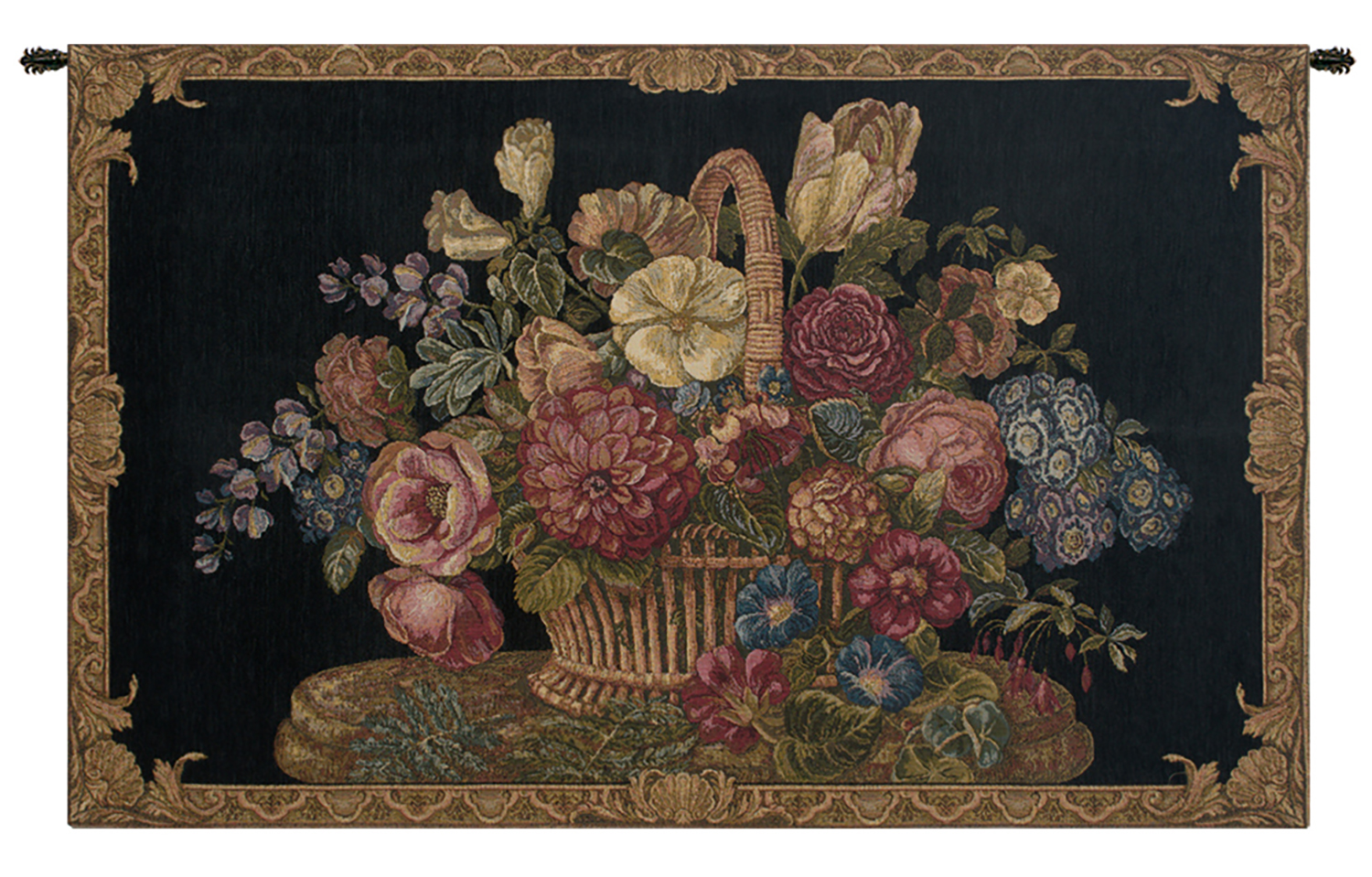 Flower Basket Black Italian Tapestry Wall Hanging 40x26 Inch Cotton Jacquard Woven Wall Tapestry