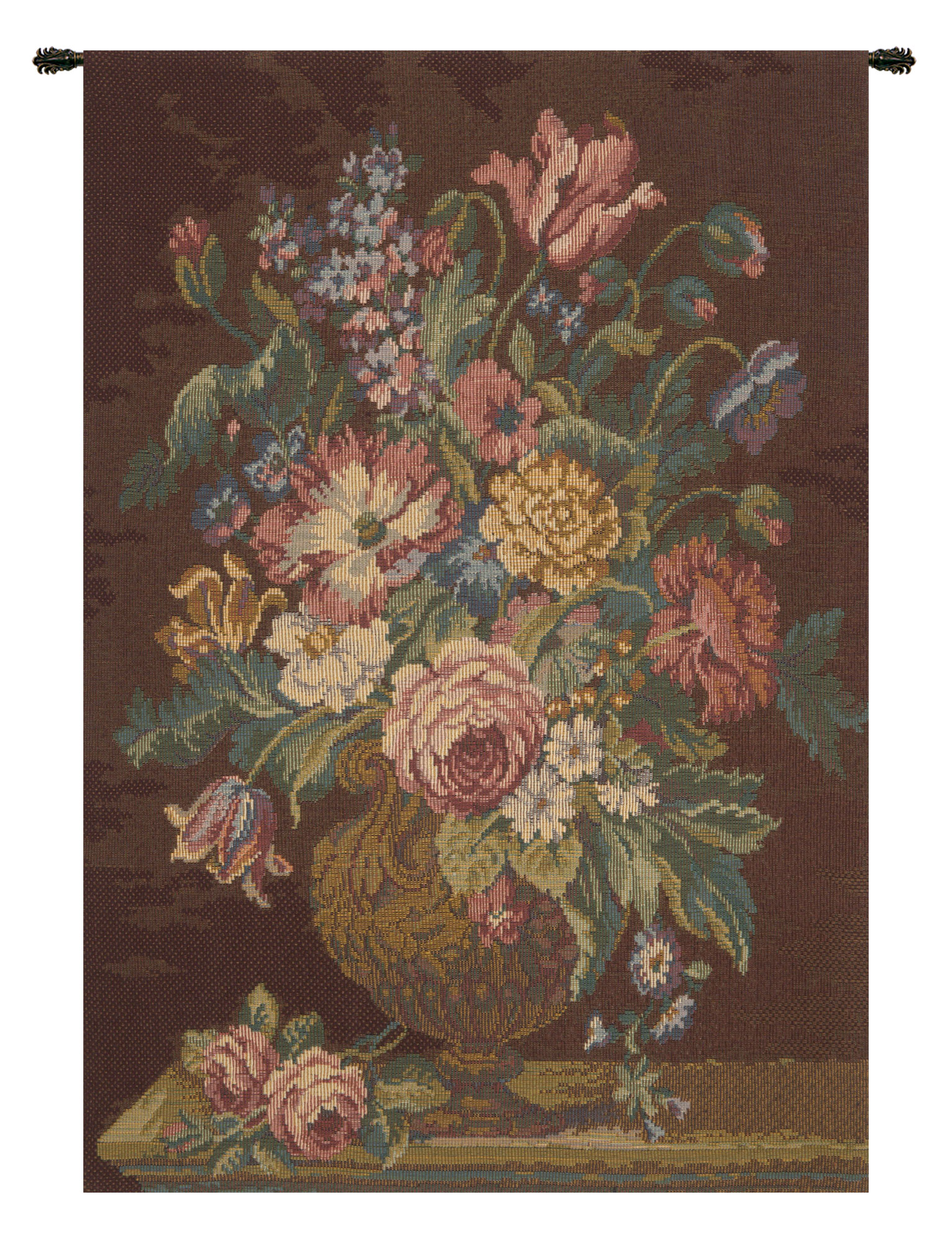 Vase with Flowers Brown Italian Tapestry Wall Hanging 26x18 Inch Cotton Jacquard Woven Wall Tapestry