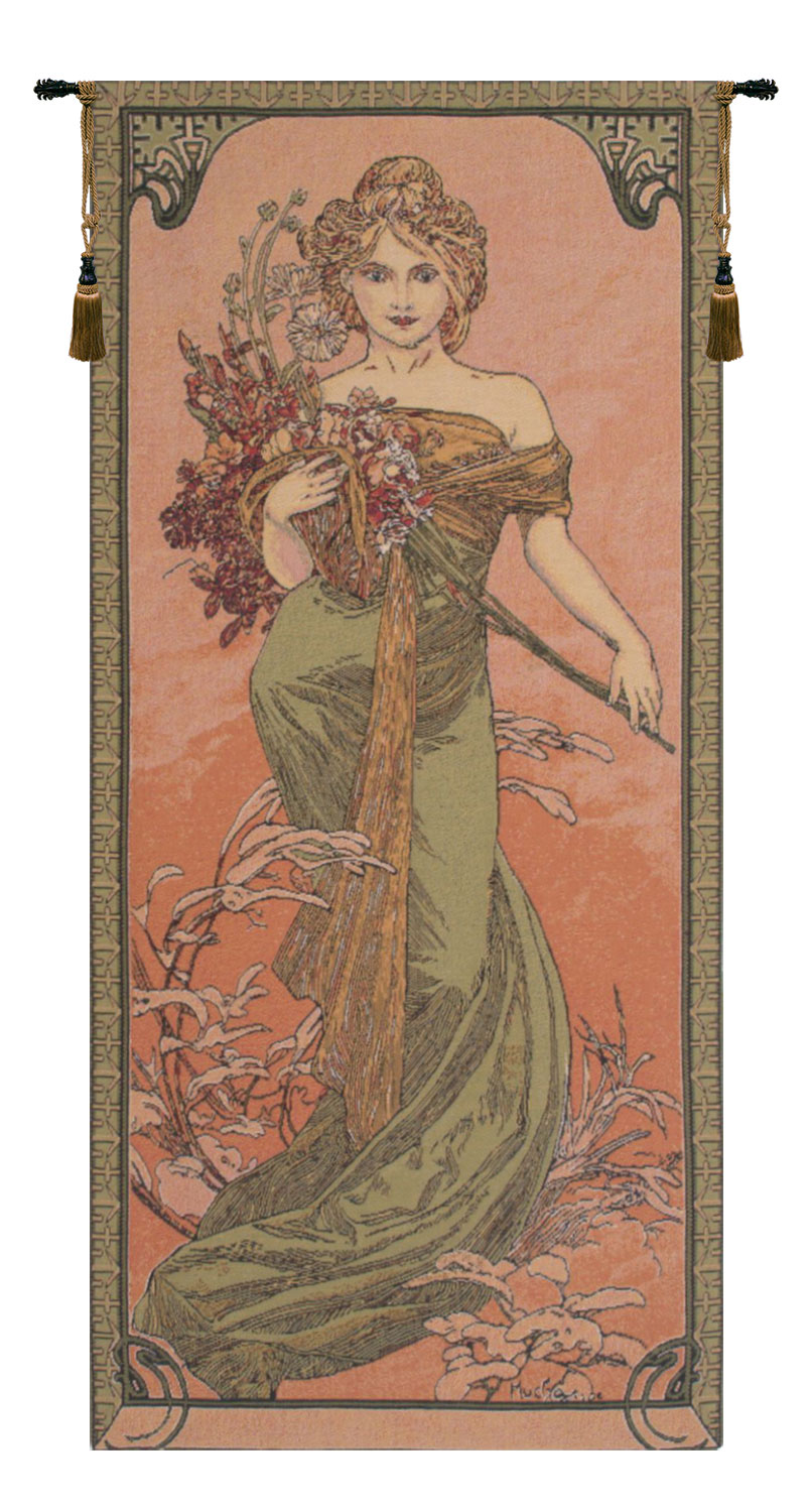 Alphonse Mucha Spring Tapestry Wall Hanging 39 x 18 in Art Nouveau Seasonal Woman Floral Jacquard Woven Wall Art