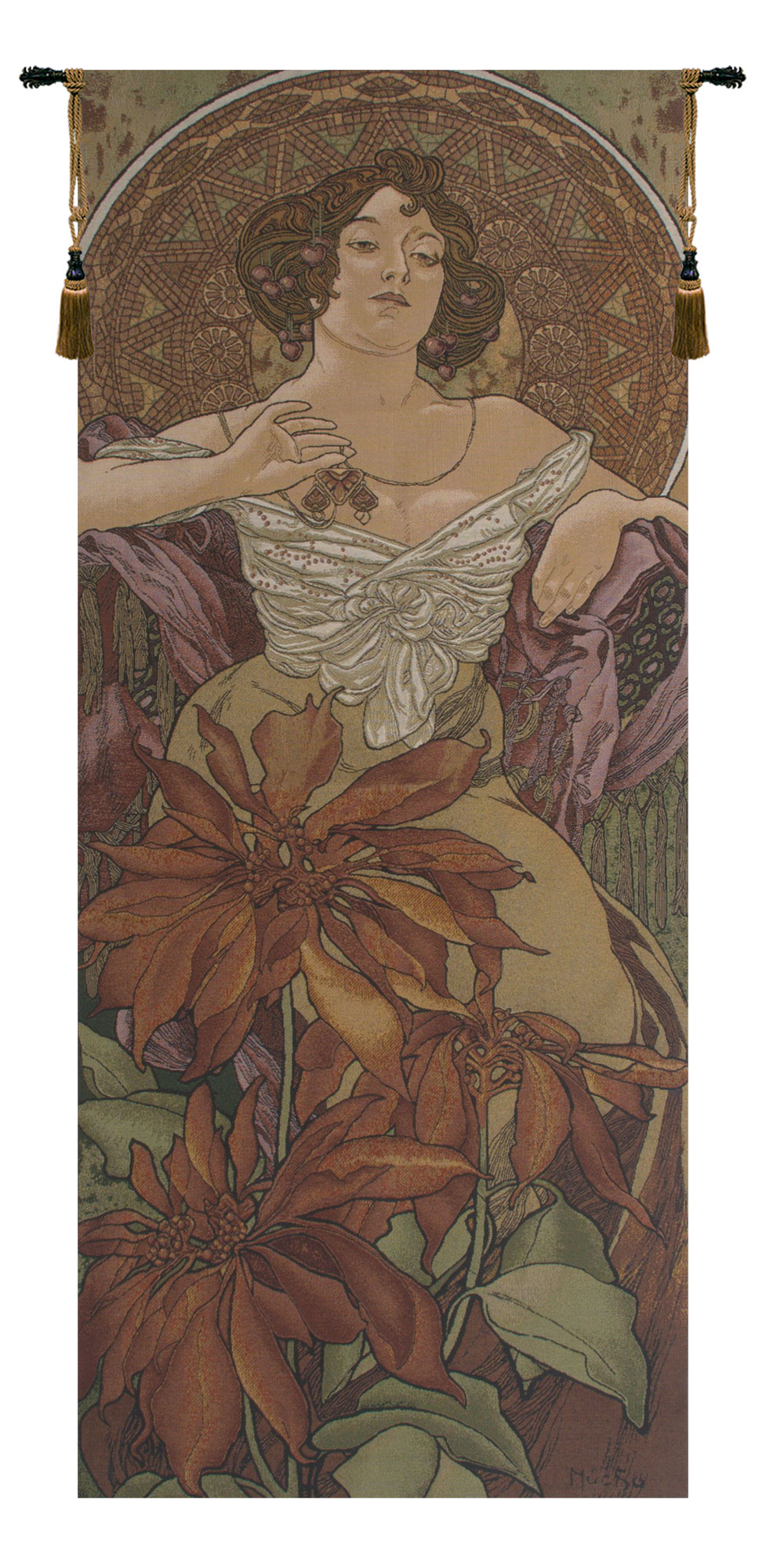 Alphonse Mucha Mucha Rubis Tapestry Wall Hanging 42 x 19 in Art Nouveau Woman Ruby Gemstone Jacquard Woven Wall Art