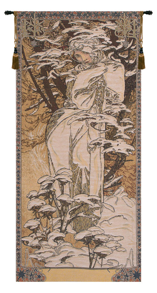 Alphonse Mucha Winter Tapestry Wall Hanging 39 x 18 in Art Nouveau Seasonal Woman Jacquard Woven Wall Art Home Decor