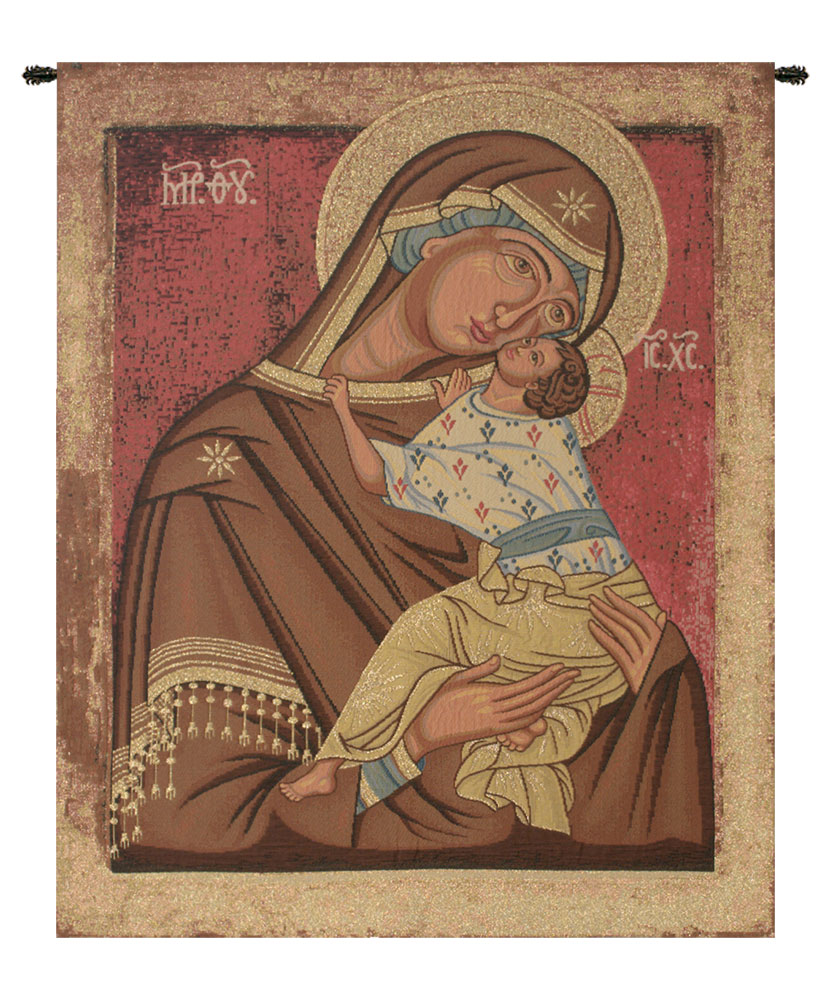 Icon Madonna Tapestry Wall Hanging 17 x 12 Brown Religious Christian Jacquard Woven European Wall Decor