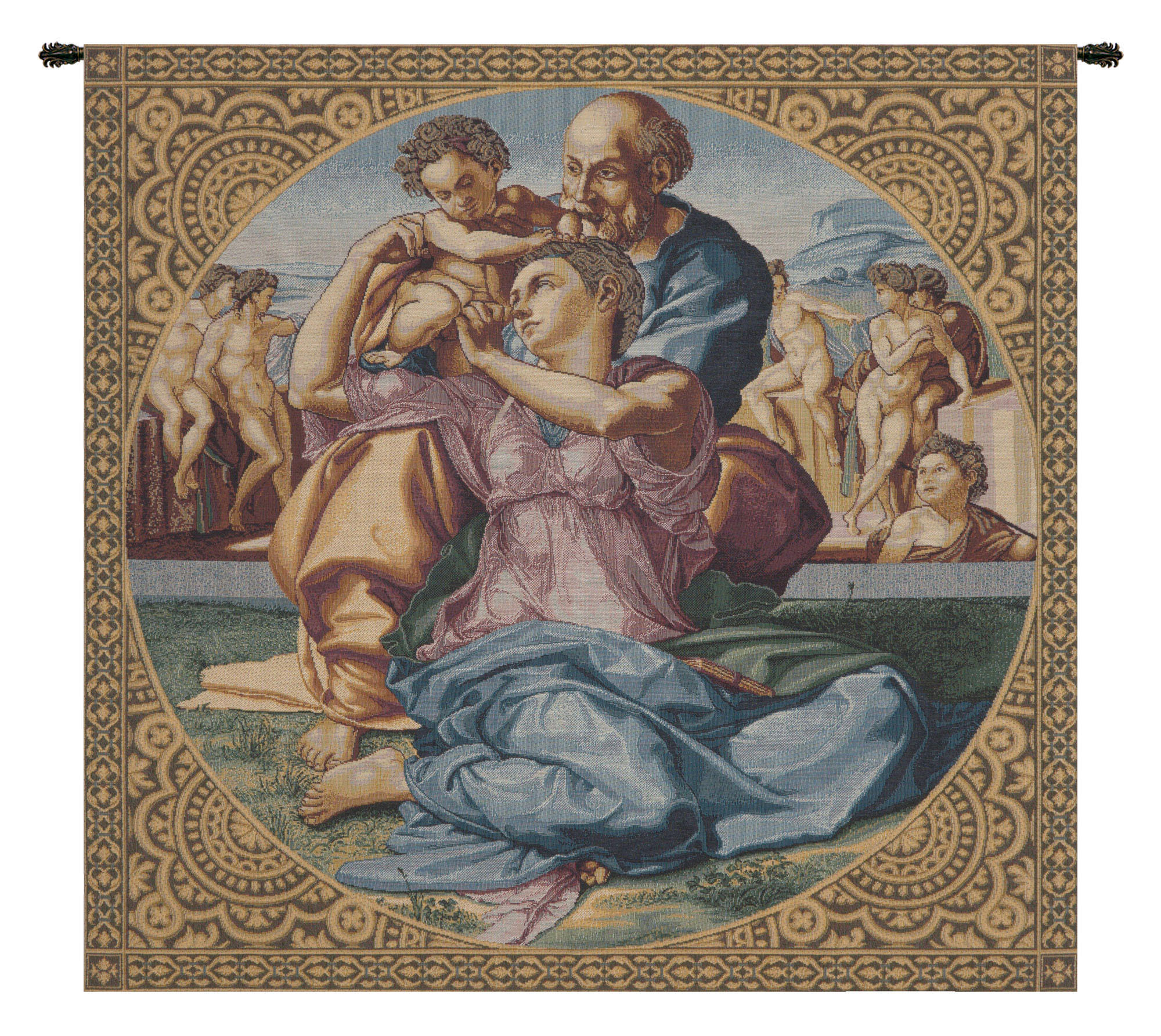 Michelangelo The Holy Family Vintage Tapestry Wall Hanging 24 x 24 in Renaissance Religious Jacquard Woven Art