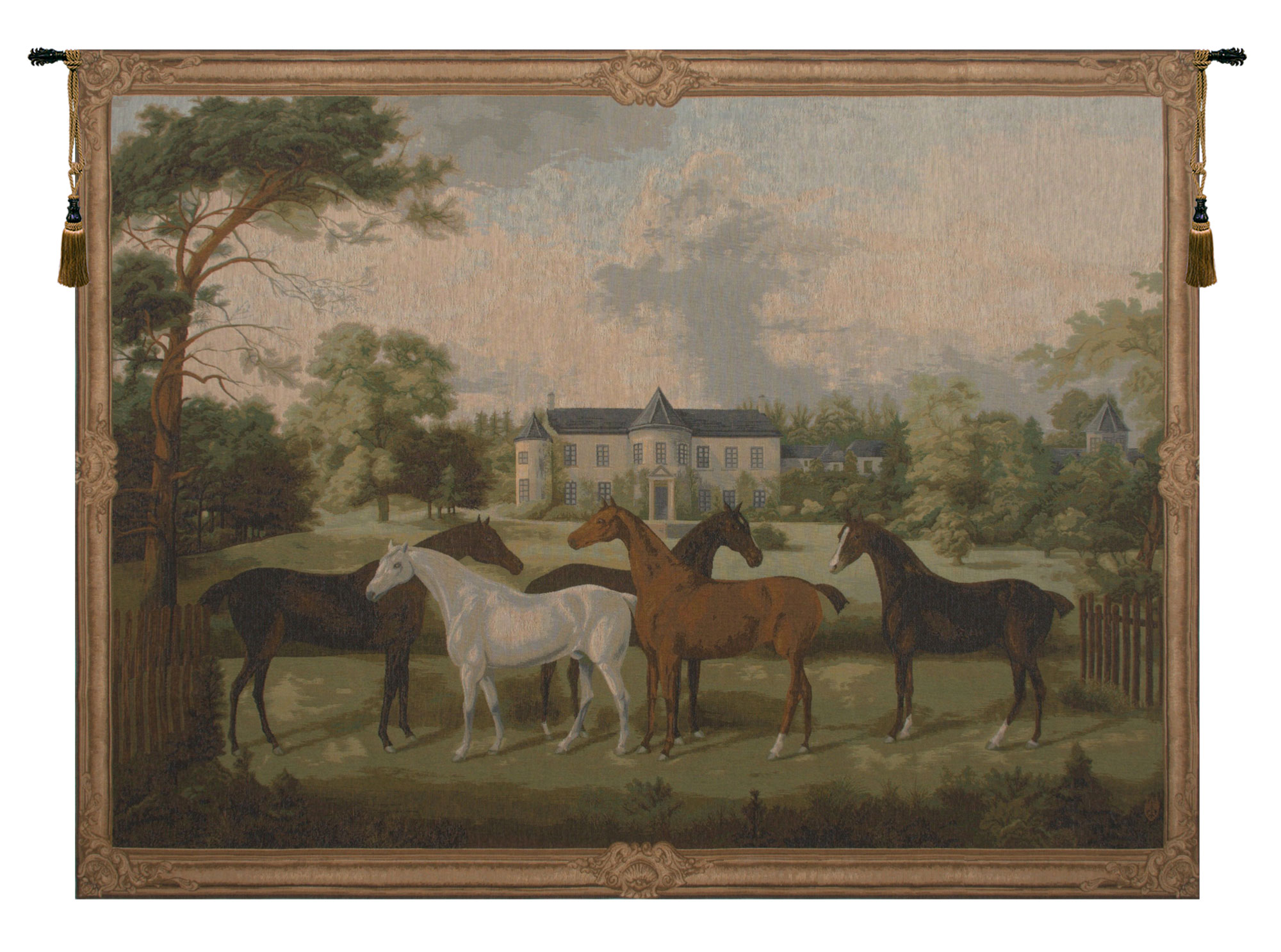 Friedrich Wilhelm Keyl Five English Horses Tapestry Wall Hanging 42 x 58 in Equestrian Jacquard Woven Decor