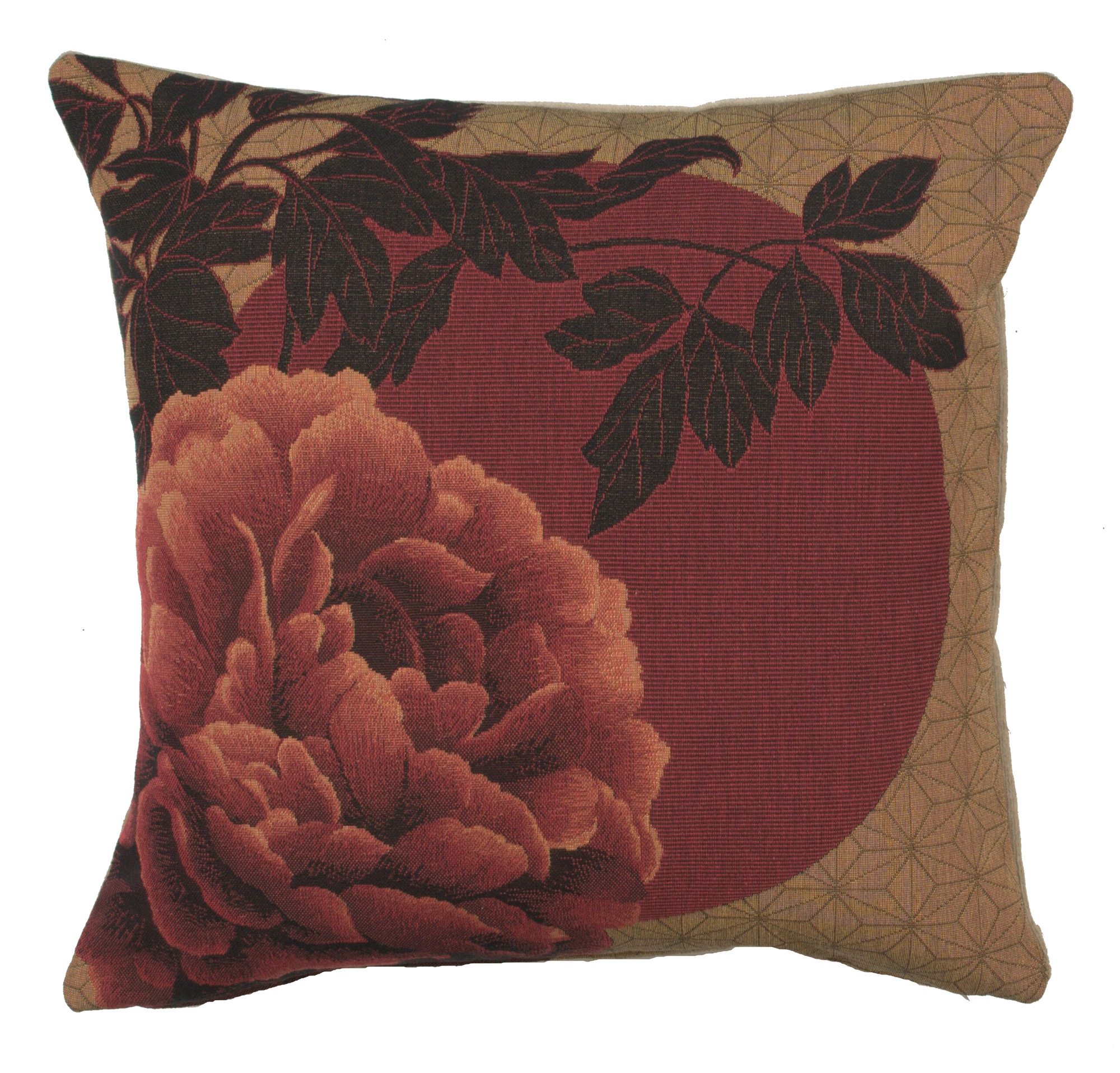Red Peonies French Tapestry Pillow Cover 18x18 Inch Cotton Jacquard Woven Cushion Cover