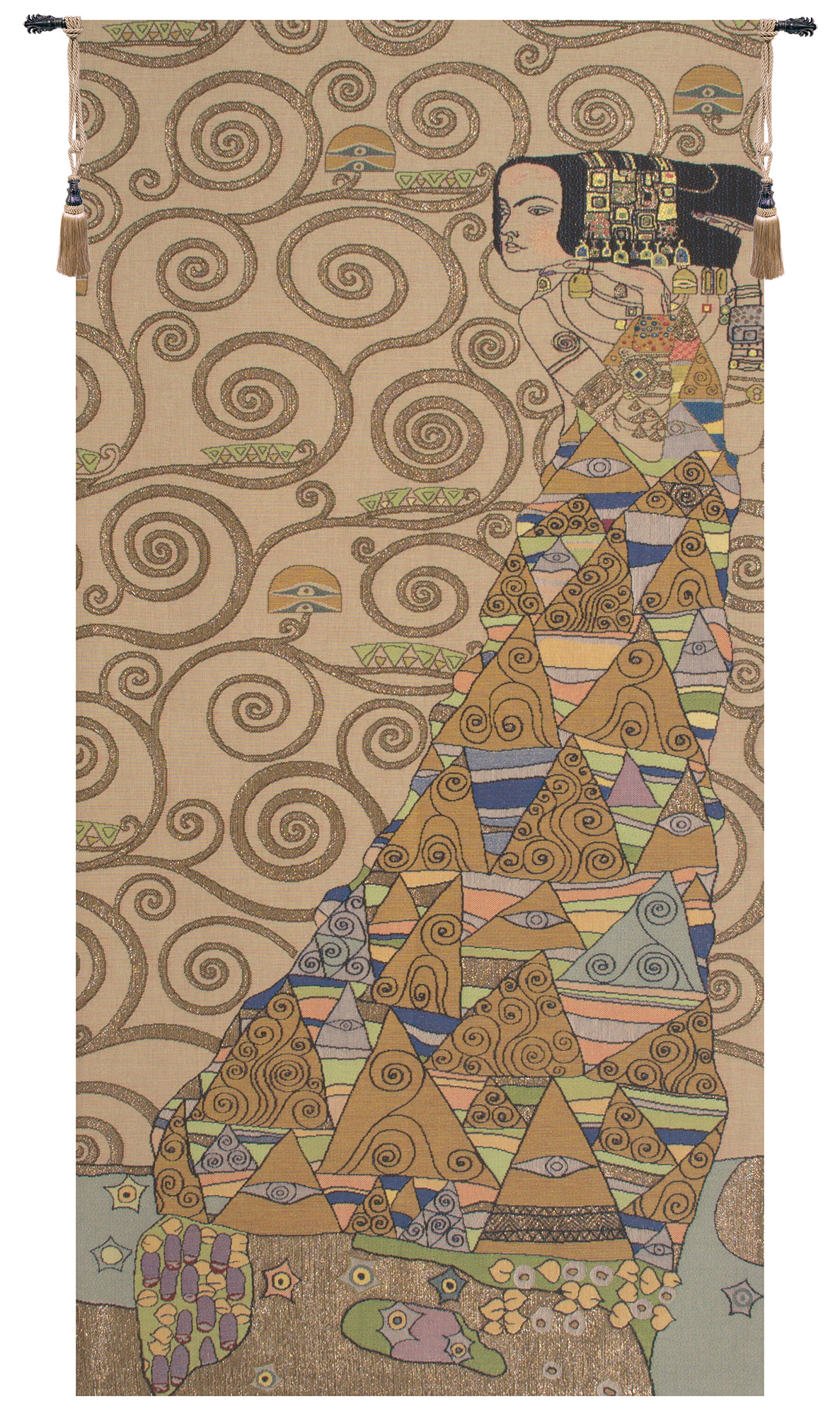 Gustav Klimt L'Attente Droite Clair Vintage Tapestry Wall Hanging 38 x 18 in Art Nouveau Jacquard Woven Decor