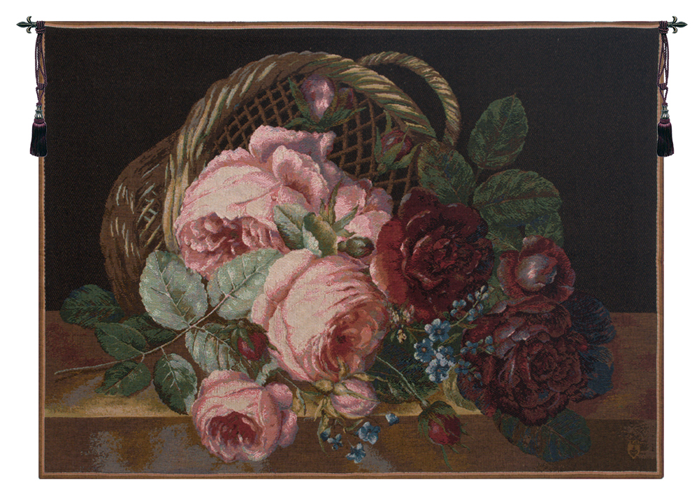 Silk Basket of Flowers Black French Tapestry Wall Hanging 28x38 Inch Cotton Jacquard Woven Wall Tapestry