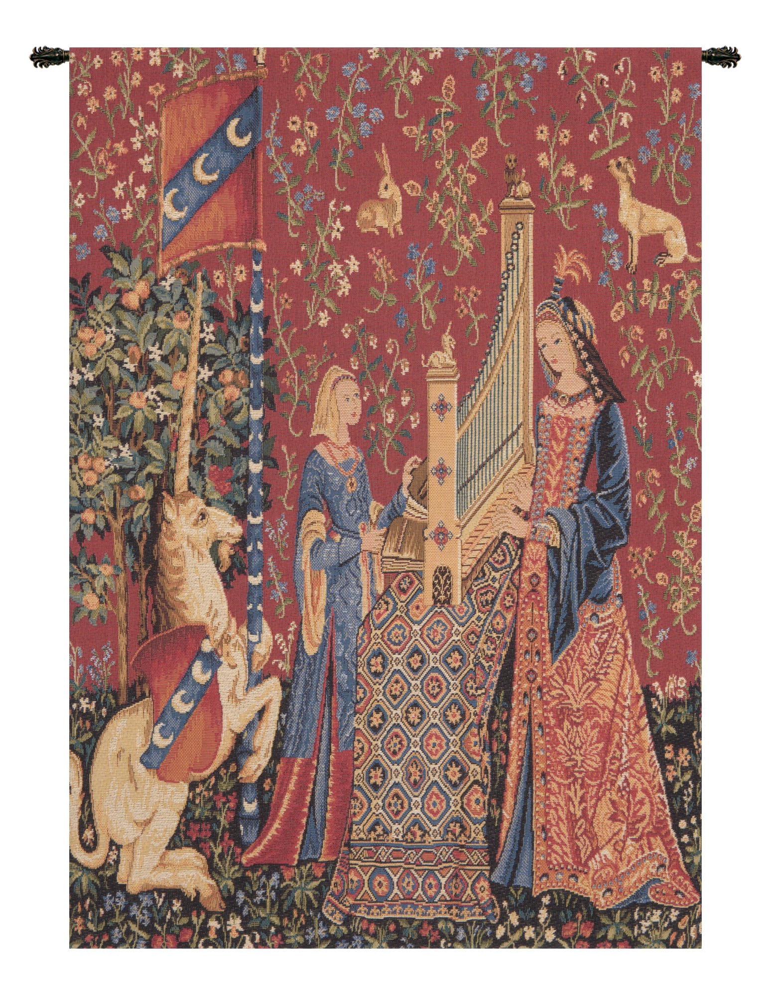 Medieval The Hearing L'ouie Vintage Tapestry Wall Hanging 25 x 18 in Lady Unicorn Jacquard Woven Decor