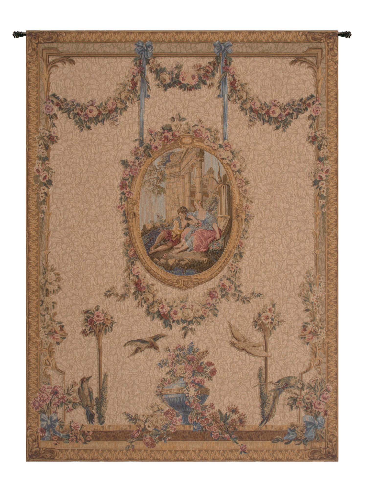 Francois Boucher Serenade Creme Tapestry Wall Hanging 58 x 44 in Jacquard Woven French Romantic Wall Art
