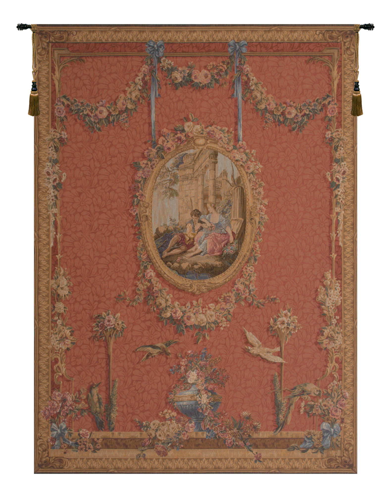 Francois Boucher Medallion Serenade Rouge Tapestry Wall Hanging 58 x 44 in Jacquard Woven French Romantic Wall Art