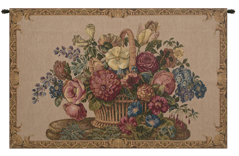 Flower Basket with Cream Chenille Italian Tapestry Wall Hanging 24x42 Inch Cotton Jacquard Woven Wall Tapestry