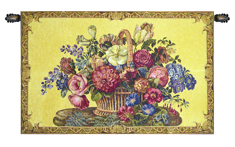 Flower Basket Yellow Italian Tapestry Wall Hanging 24x42 Inch Cotton Jacquard Woven Wall Tapestry