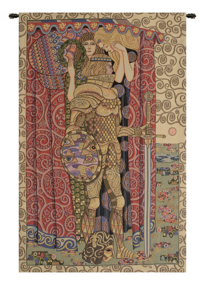 Gustav Klimt Armored Knight Vintage Tapestry Wall Hanging 38 x 26 in Art Nouveau Jacquard Woven Wall Decor