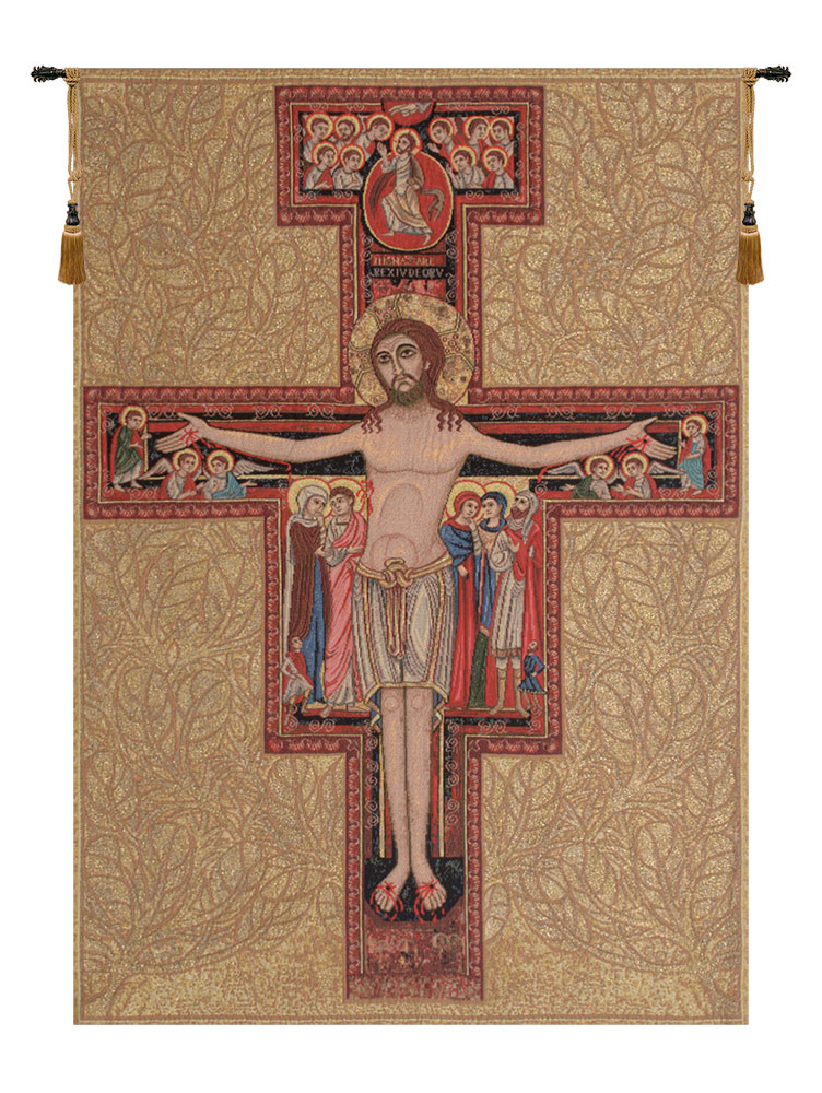 Crucifix Of St. Damian Italian Tapestry Wall Hanging 24 x 16 in Religious Christian Jacquard Woven Wall Art