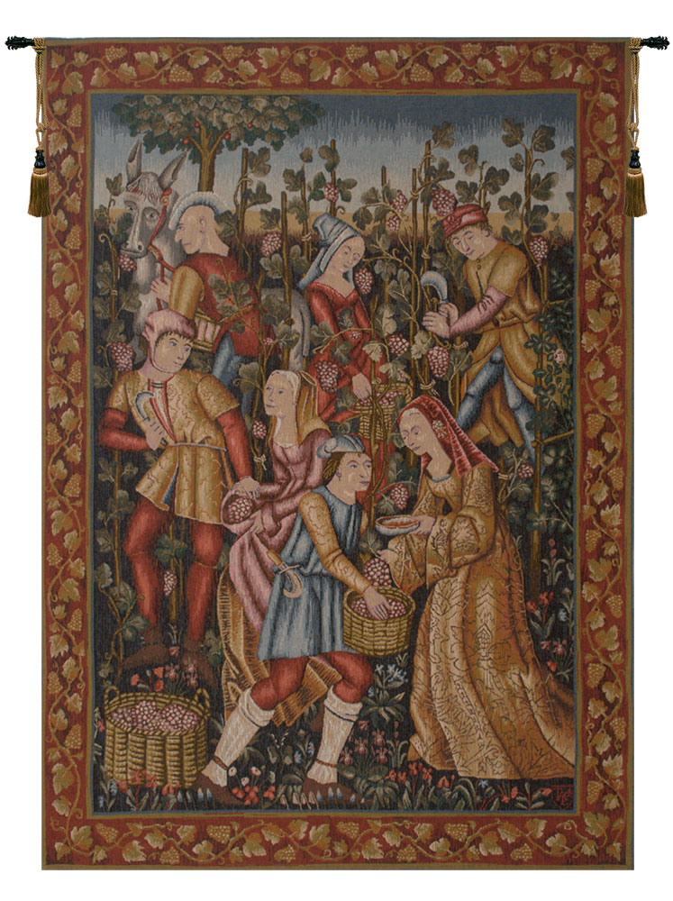 Medieval Vendanges Tapestry Wall Hanging 58 x 41 in Jacquard Woven Medieval Harvest Wall Art