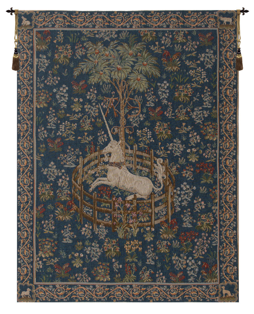 Medieval Licorne Captive Blue Vintage Tapestry Wall Hanging 44 x 34 in Jacquard Woven Unicorn Wall Art