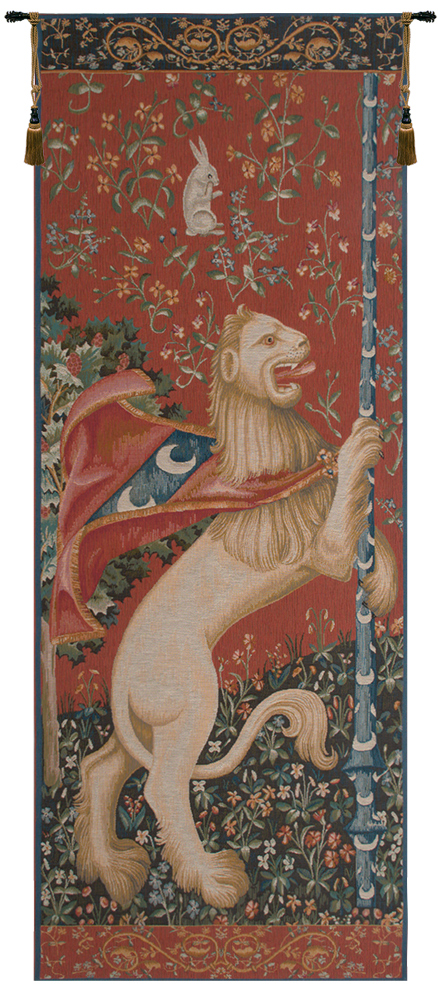 Medieval Portiere Lion Vintage Tapestry Wall Hanging 74 x 29 in Jacquard Woven Heraldic Lion Wall Art