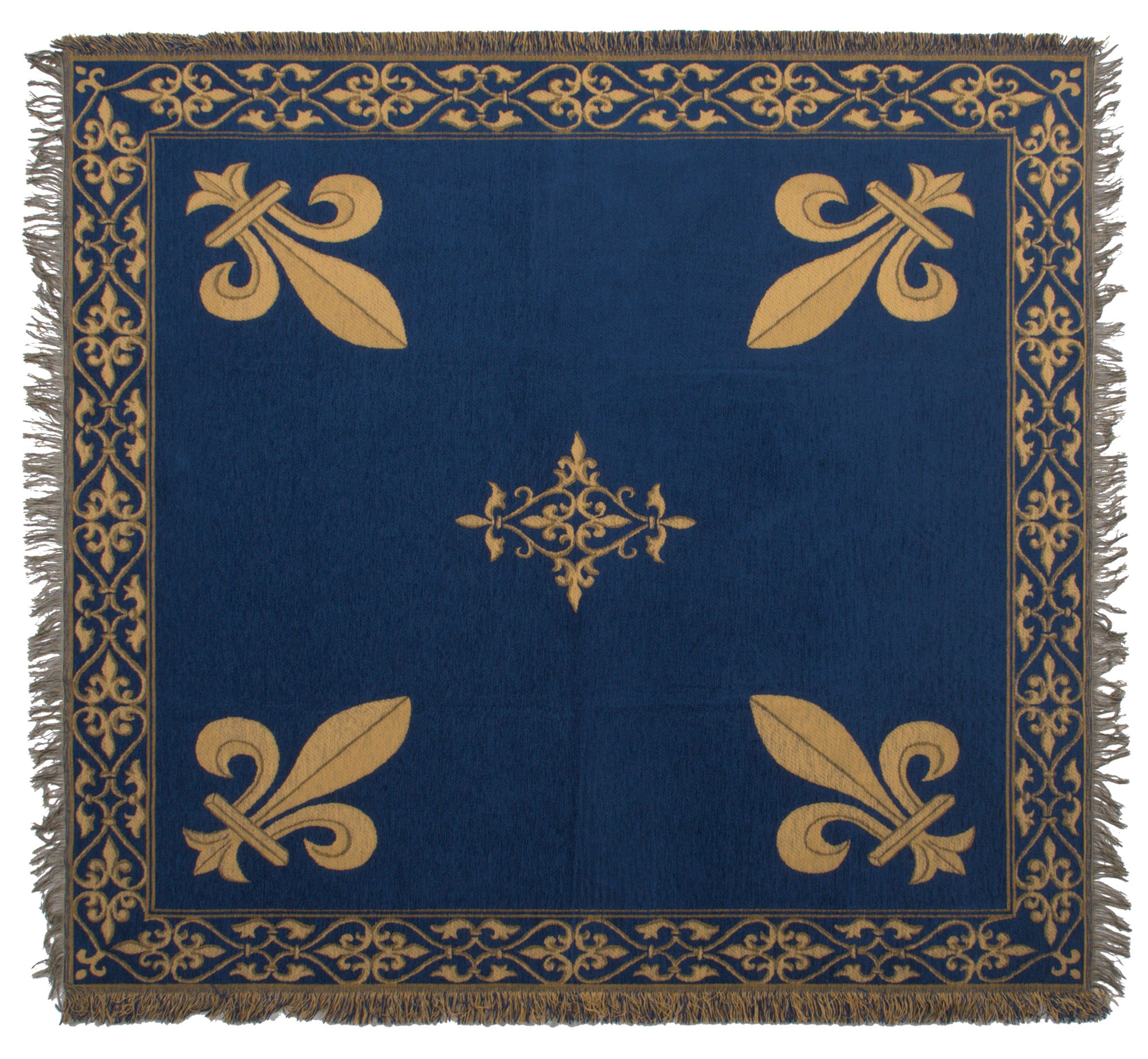 Fleur de Lys Blue Belgian Tapestry Throw Blanket 58x58 Medieval Cotton Throw