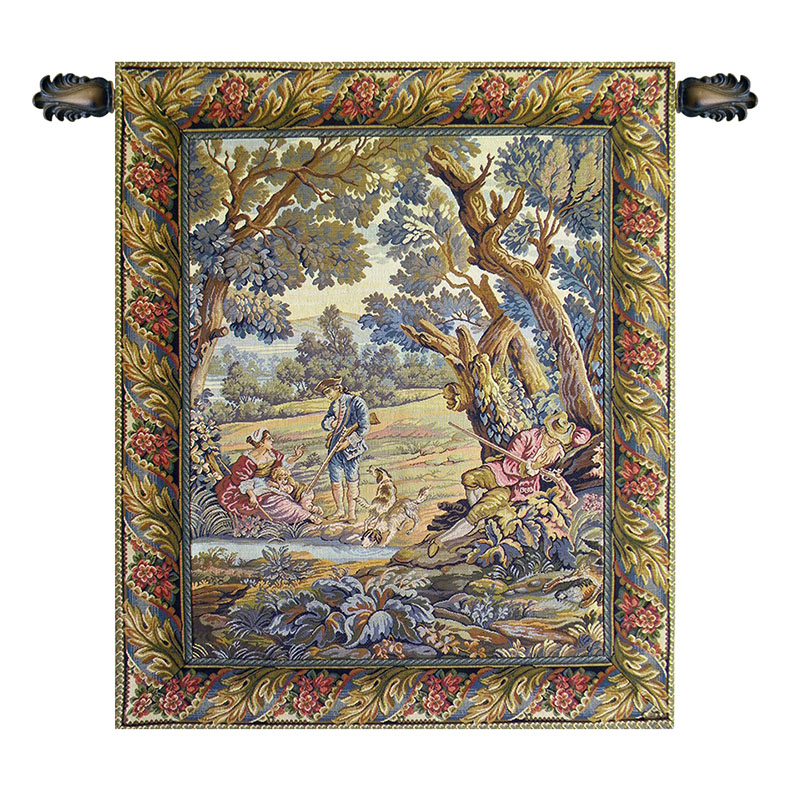 Aubusson Hunters Resting Tapestry Wall Hanging 35 x 29 in Jacquard Woven French Hunting Wall Art