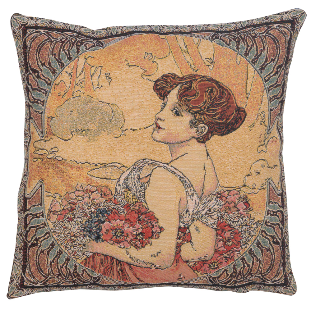 Alphonse Mucha Summer II Tapestry Pillow Cover 18x18 Inch Cotton Jacquard Woven Cushion Cover